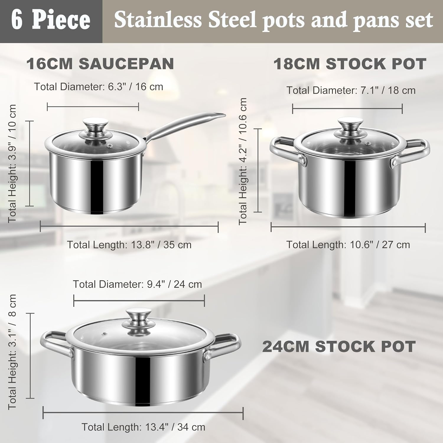 Stainless Steel pots and Pans Set, 6 Piece Nonstick Induction Kitchen Cookware Set, Works with Induction/Electric and Gas Cooktops, Nonstick, Oven Safe, Camping Cookware