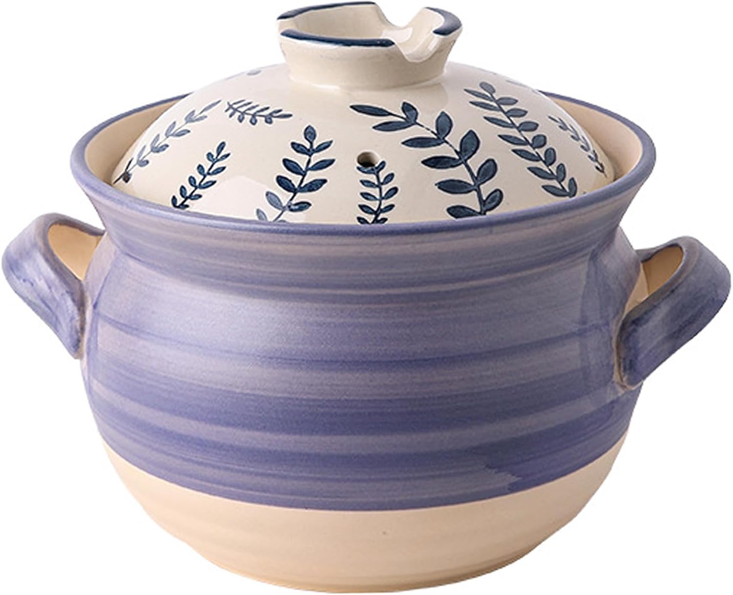 Ceramic Casserole Dish, Clay Pot, Earthen Pot Cookware with Lid, Stockpot for Stew, Soup, Steam, Oven Safe-Heat Resistant (FlowersPlants, 3.7QT)