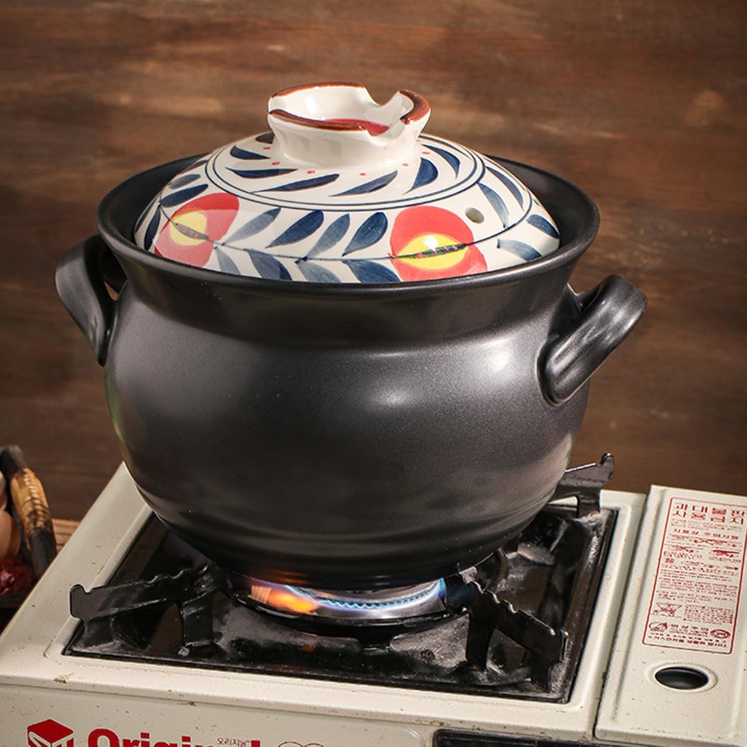 Ceramic Casserole Dish, Clay Pot, Earthen Pot Cookware with Lid, Stockpot for Stew, Soup, Steam, Oven Safe-Heat Resistant (FlowersPlants, 3.7QT)