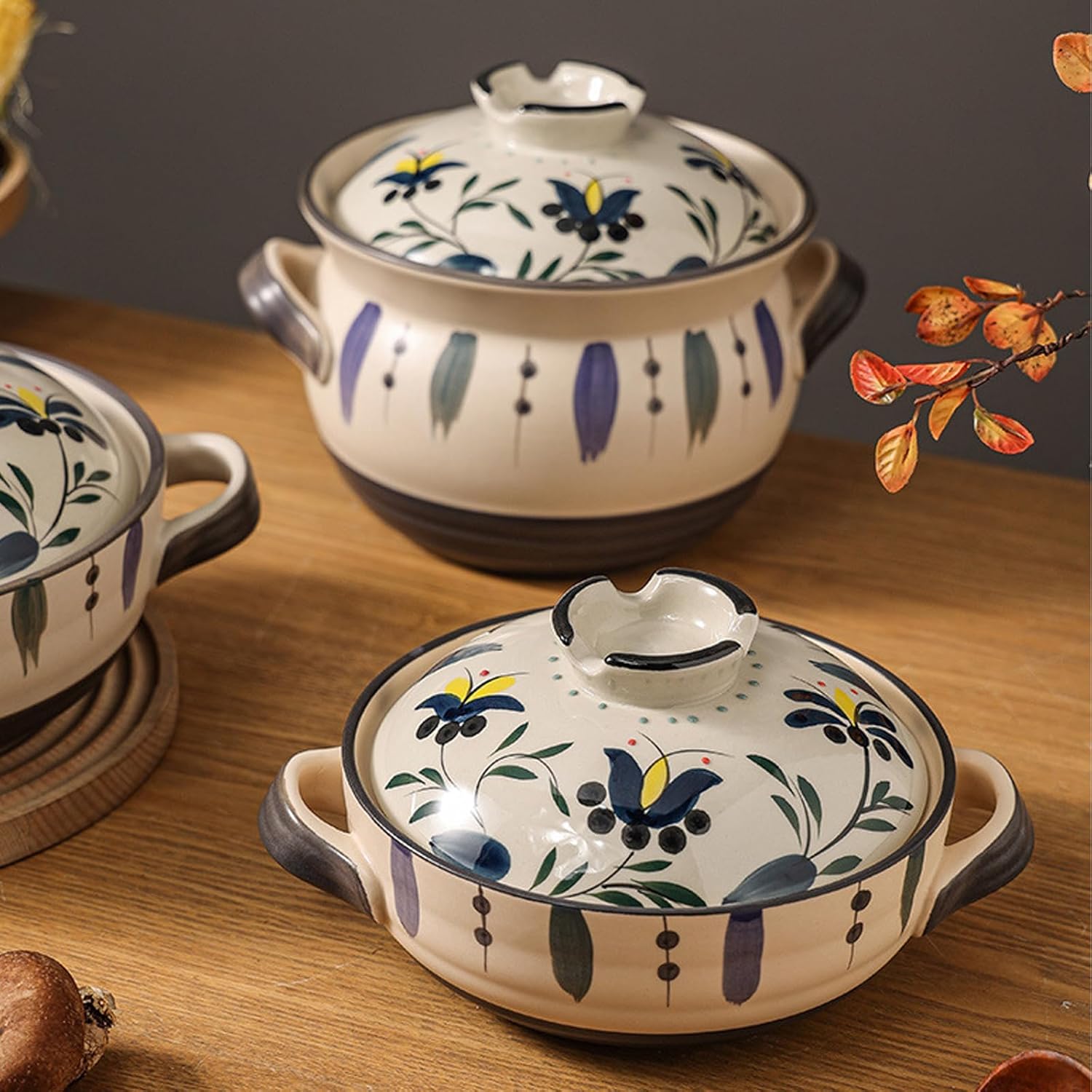 Ceramic Casserole Dish, Clay Pot, Earthen Pot Cookware with Lid, Stockpot for Stew, Soup, Steam, Oven Safe-Heat Resistant (FlowersPlants, 3.7QT)