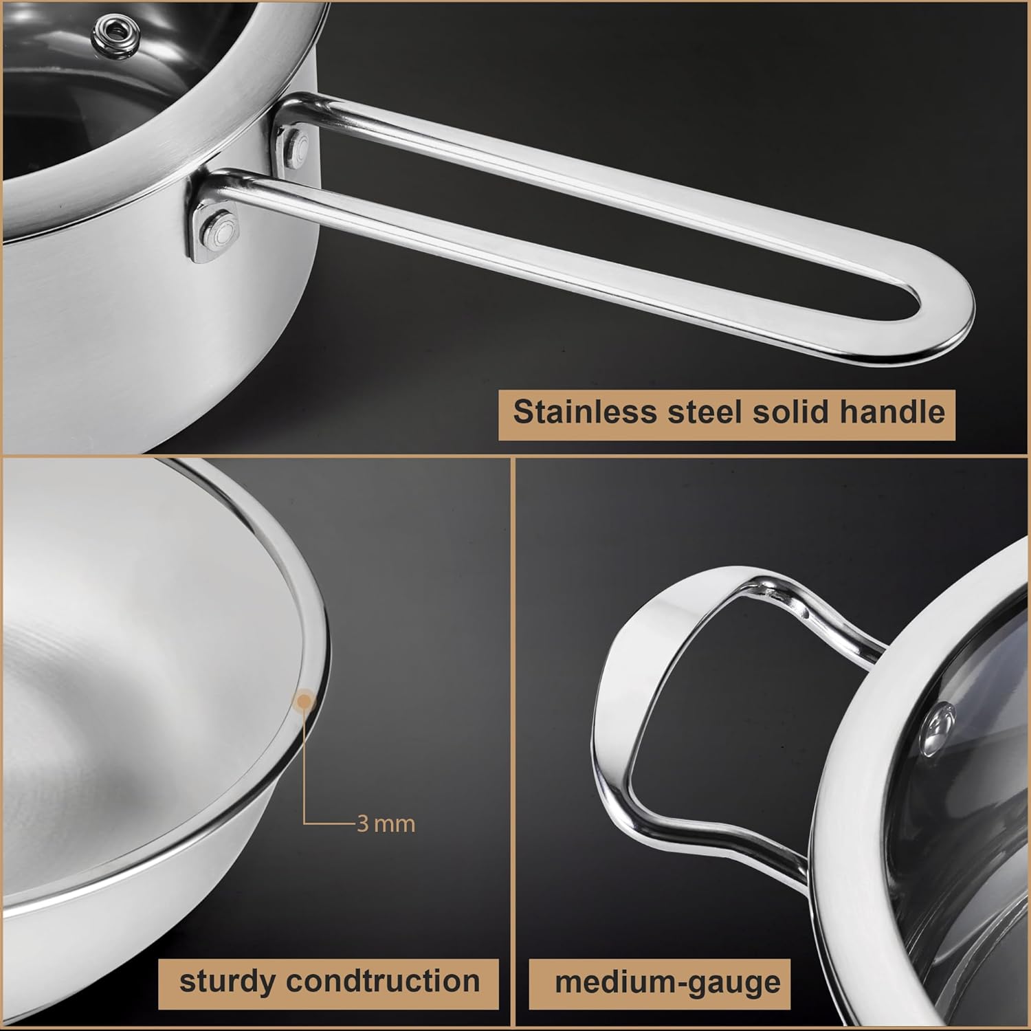 Stainless Steel Pots and Pans Set, 7-Piece Kitchen Cookware Sets with Glass Lids, Stay-Cool Handle, Oven Safe, Works with Induction, Electric and Gas Cooktops