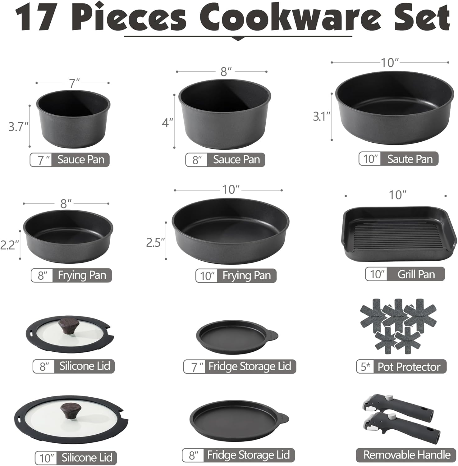 SENSARTE 17 Piece Pots and Pans Set, Nonstick Detachable Handle Cookware, Induction Kitchen Cookware Set with Removable Handle, Healthy Non Stick RV Cookware, Dishwasher ＆ Oven Safe, (Black)