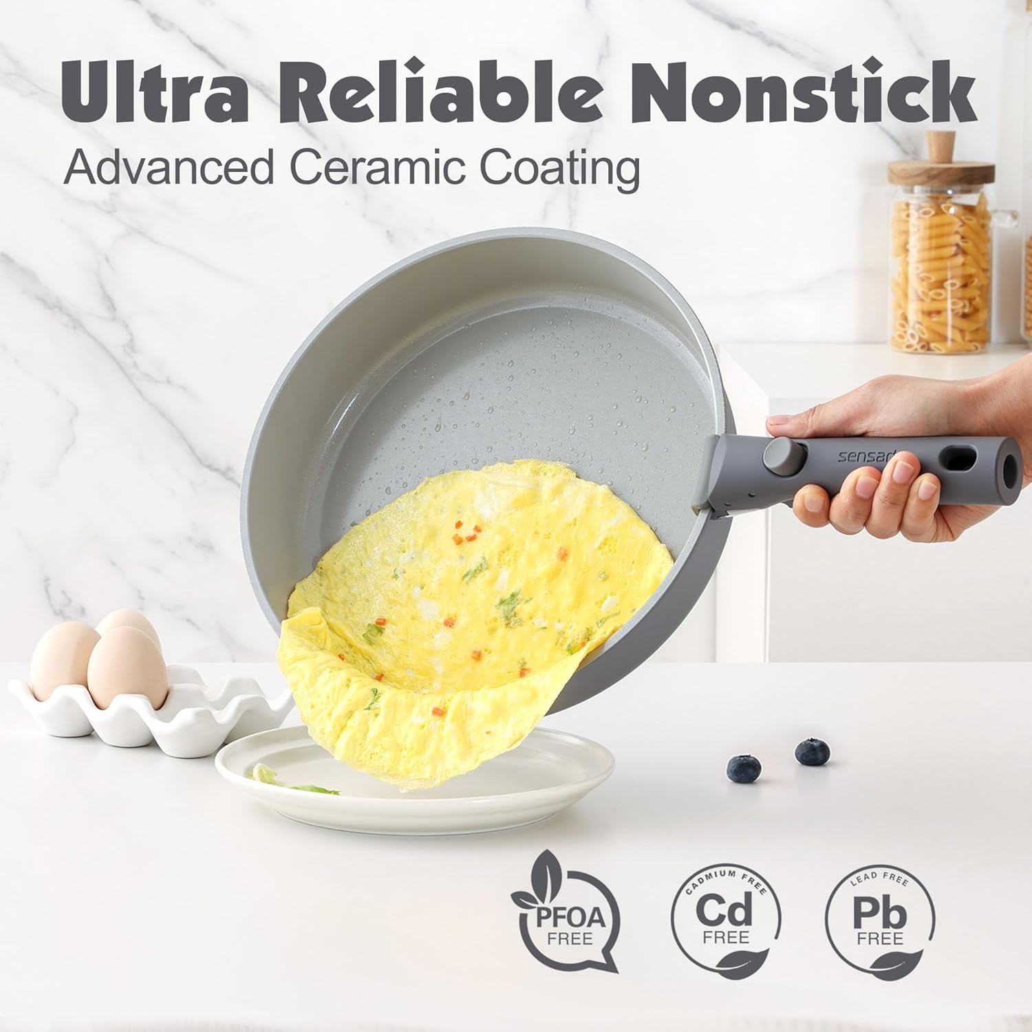 SENSARTE 17 Piece Pots and Pans Set, Nonstick Detachable Handle Cookware, Induction Kitchen Cookware Set with Removable Handle, Healthy Non Stick RV Cookware, Dishwasher ＆ Oven Safe, (Black)