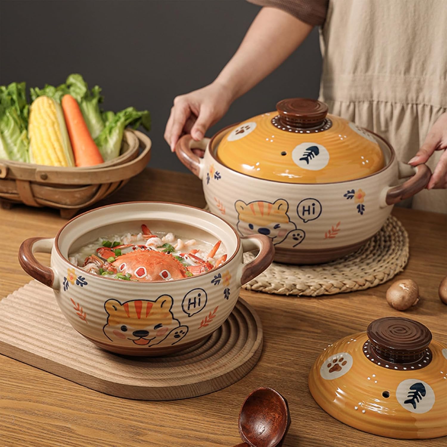 Ceramic Casserole Dish, Clay Pot, Earthen Pot Cookware with Lid, Stockpot for Stew, Soup, Steam, Oven Safe-Heat Resistant (FlowersPlants, 3.7QT)