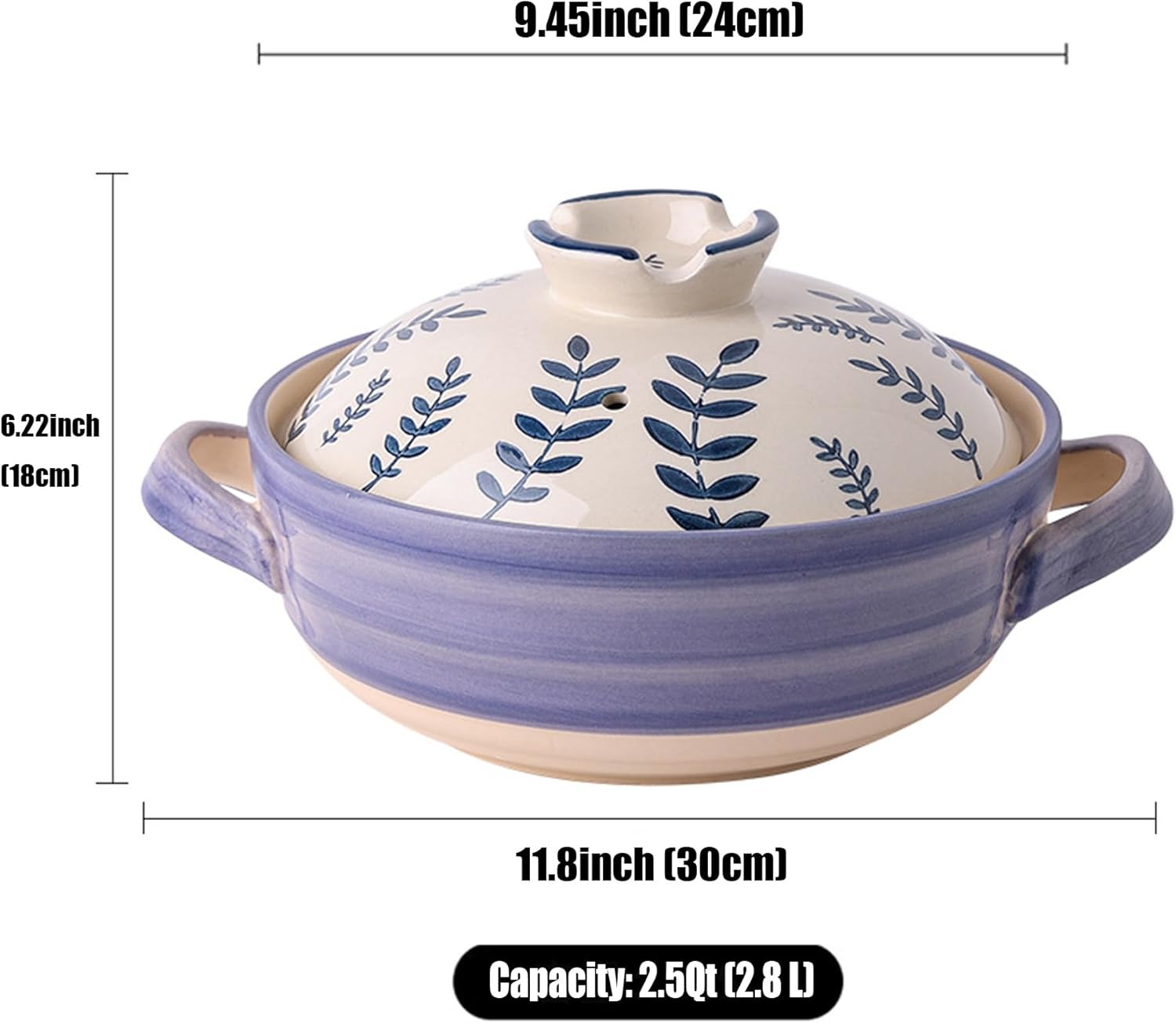 Ceramic Casserole Dish, Clay Pot, Earthen Pot Cookware with Lid, Stockpot for Stew, Soup, Steam, Oven Safe-Heat Resistant (FlowersPlants, 3.7QT)