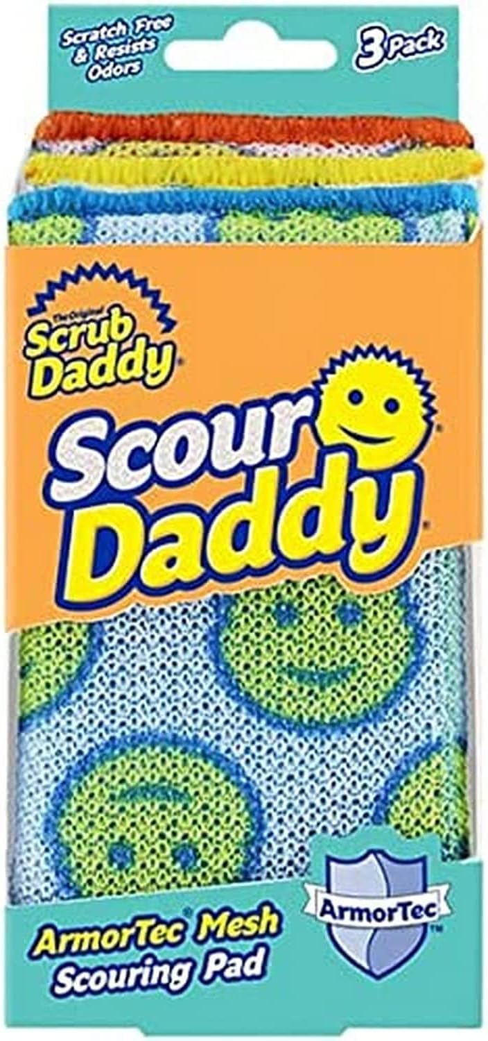 Scrub Daddy’s Scour Daddy Scouring Pad - Heat Treated ArmorTec Mesh to Release Food Particles - Strong, Thick and Absorbent Scouring Pad - 3 Scouring Pads
