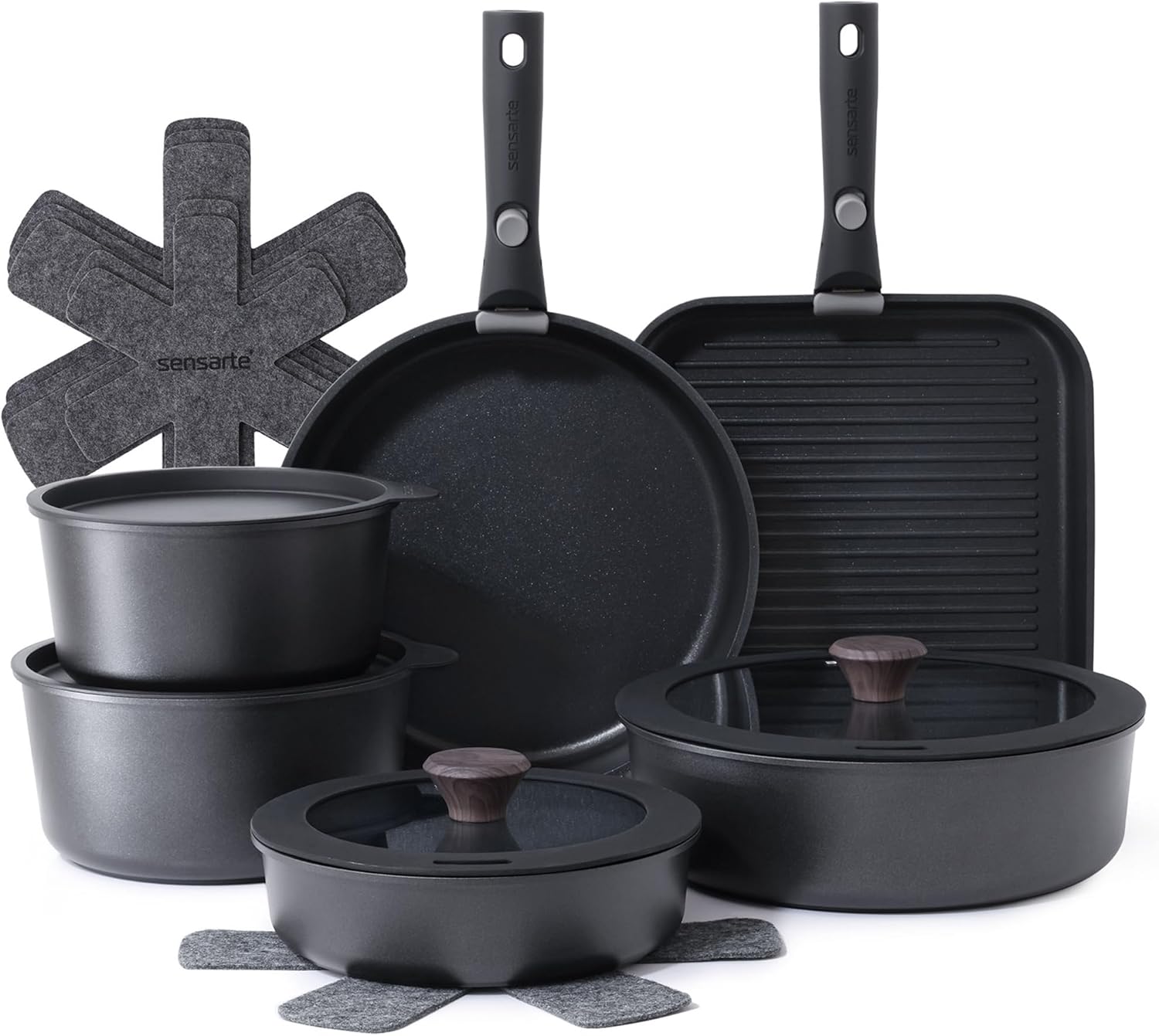 SENSARTE 17 Piece Pots and Pans Set, Nonstick Detachable Handle Cookware, Induction Kitchen Cookware Set with Removable Handle, Healthy Non Stick RV Cookware, Dishwasher ＆ Oven Safe, (Black)