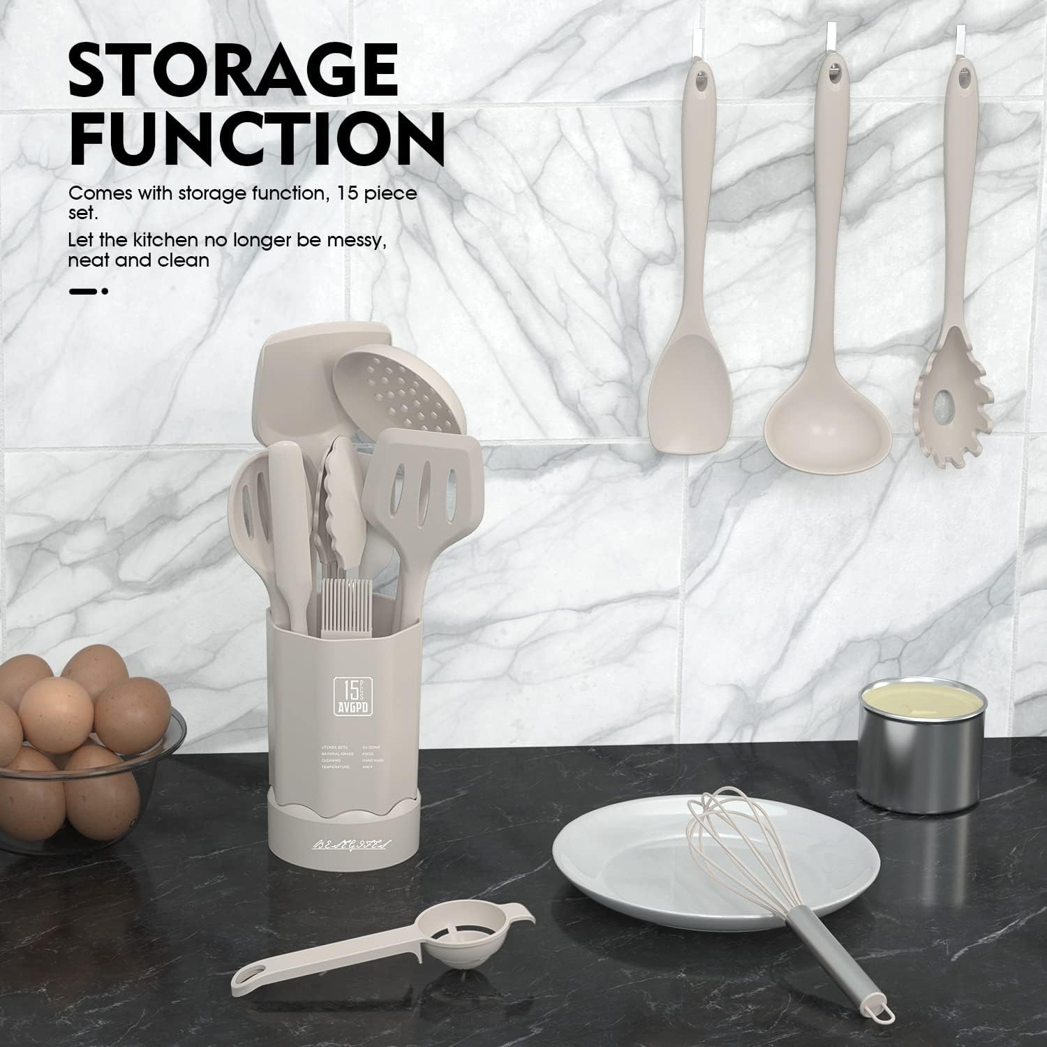 Dishwasher Safe Silicone Cooking Utensils Set - 446°F Heat Resistant Basic Silicone Kitchen Utensils,Turner Tongs, Spatula, Spoon, Brush, Whisk, Gadgets Tools for Nonstick Cookware (BPA Free - Khaki)