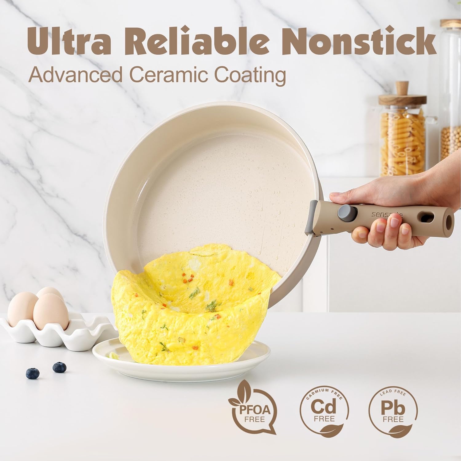 SENSARTE 17 Piece Pots and Pans Set, Nonstick Detachable Handle Cookware, Induction Kitchen Cookware Set with Removable Handle, Healthy Non Stick RV Cookware, Dishwasher ＆ Oven Safe, (Black)