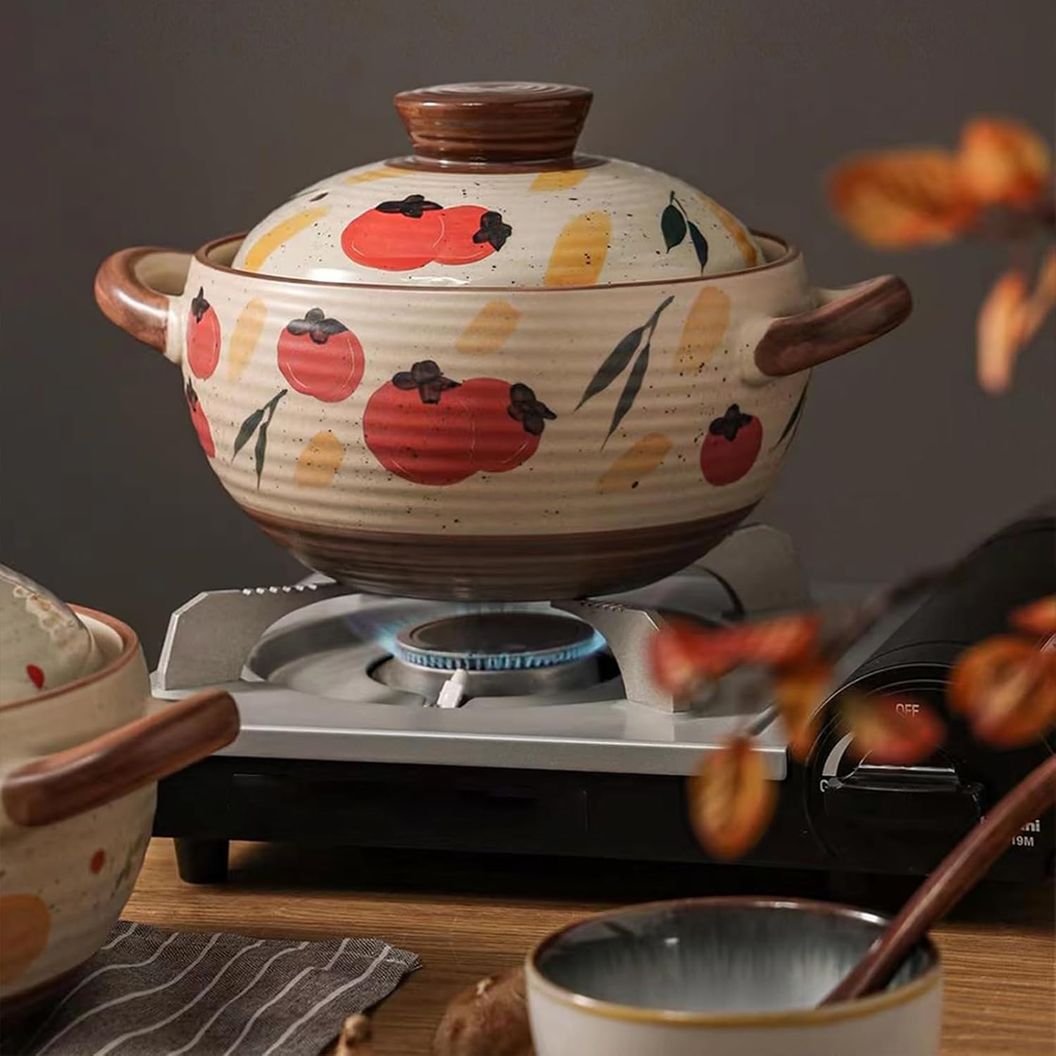 Ceramic Casserole Dish, Clay Pot, Earthen Pot Cookware with Lid, Stockpot for Stew, Soup, Steam, Oven Safe-Heat Resistant (FlowersPlants, 3.7QT)