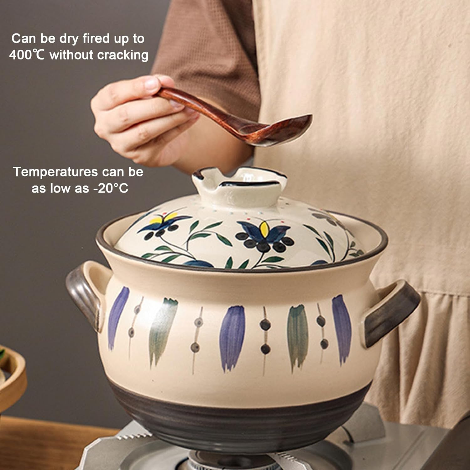 Ceramic Casserole Dish, Clay Pot, Earthen Pot Cookware with Lid, Stockpot for Stew, Soup, Steam, Oven Safe-Heat Resistant (FlowersPlants, 3.7QT)