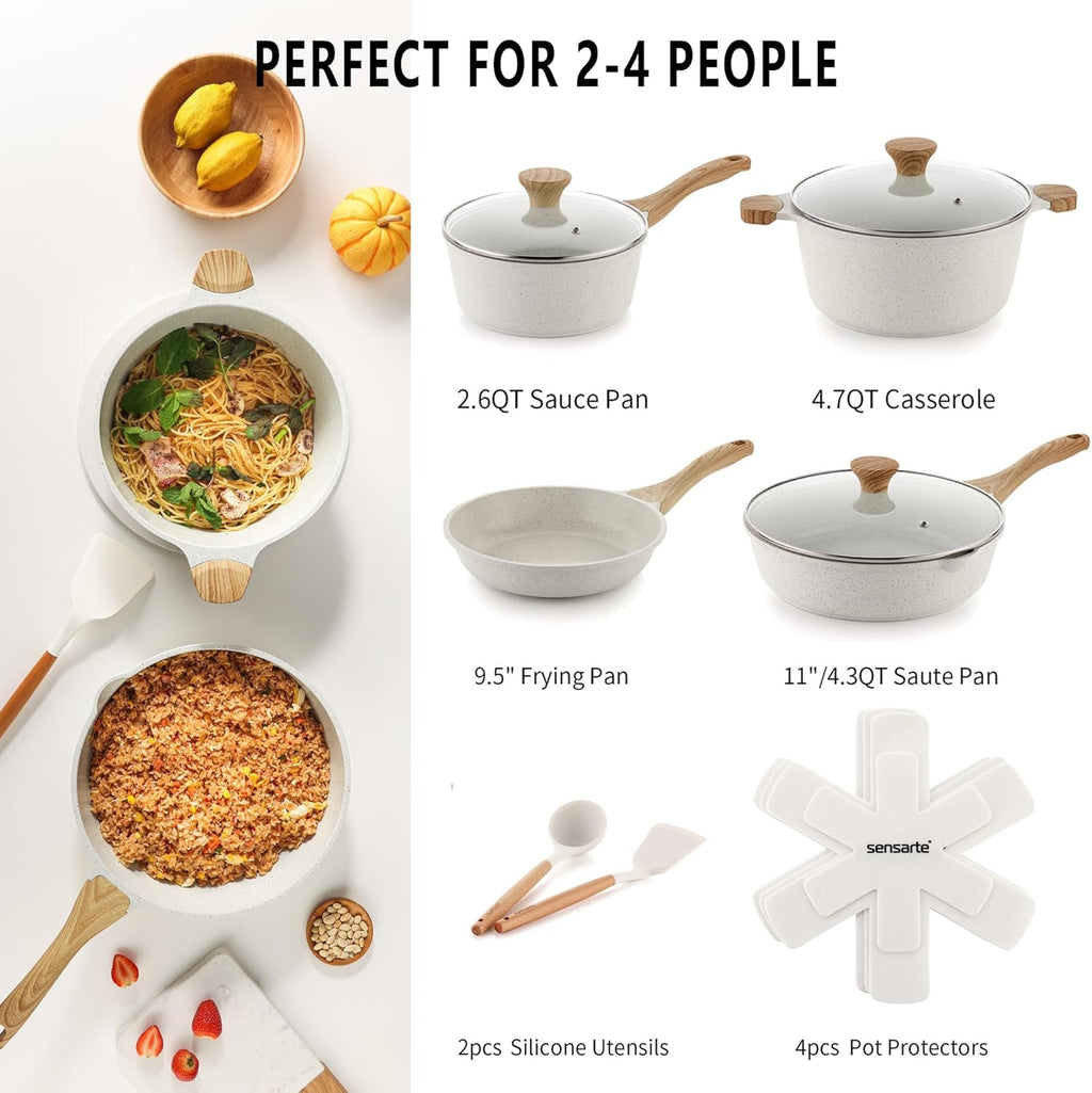 SENSARTE Nonstick Ceramic Cookware Set 13-Piece, Healthy Pots and Pans Set, Non-Toxic Kitchen Cooking Set with Stay-Cool Handles, Silicone Tools and Pot Protectors