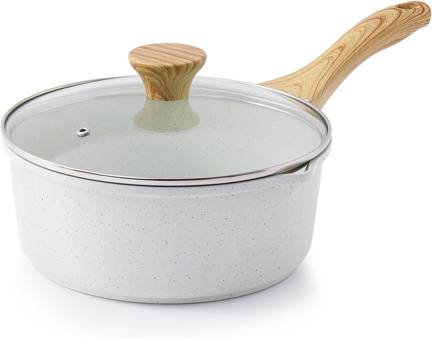 SENSARTE White Ceramic Nonstick Saucepan with Double Spout 22cm, Medium Cooking Pot with Stay Cool Handle, Induction Compatible Saucepot with Lid, White Granite Coating, PTFE/PFOA/PFAS Free