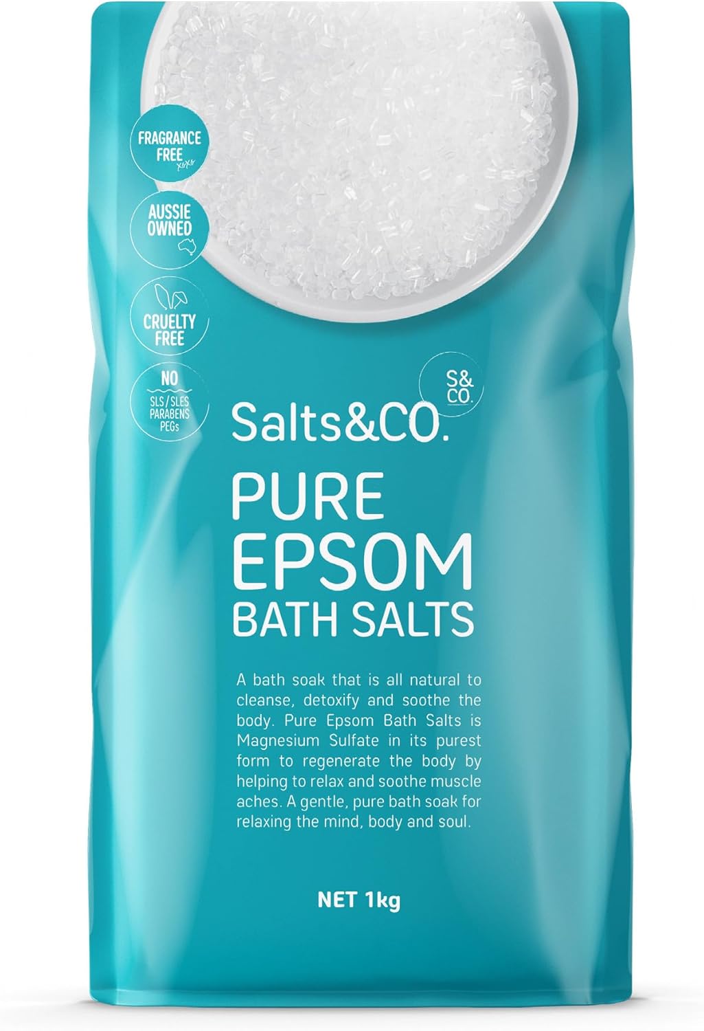 Salts & Co. Pure Epsom Bath Salts 1kg | Unscented Magnesium Sulphate Soaking Salts for Bath & Foot Soaks