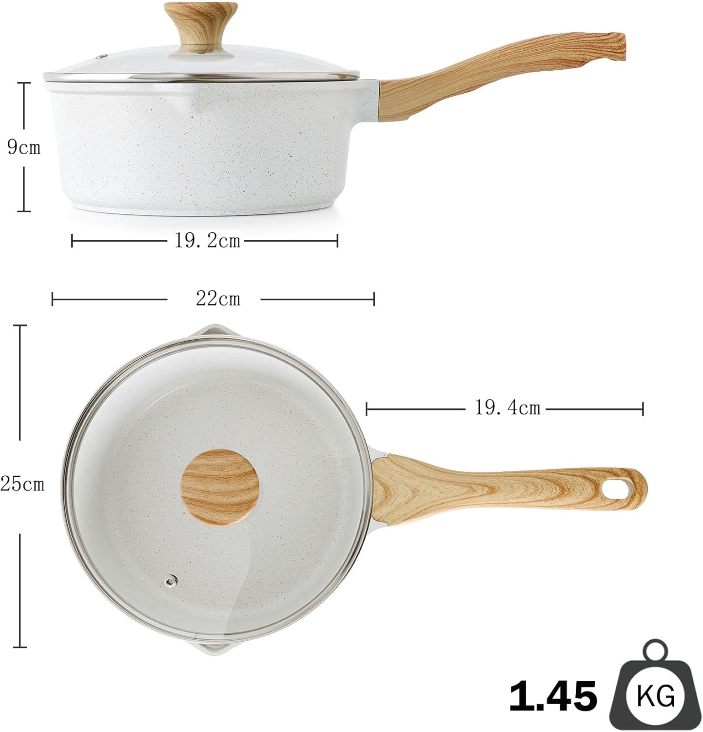 SENSARTE White Ceramic Nonstick Saucepan with Double Spout 22cm, Medium Cooking Pot with Stay Cool Handle, Induction Compatible Saucepot with Lid, White Granite Coating, PTFE/PFOA/PFAS Free