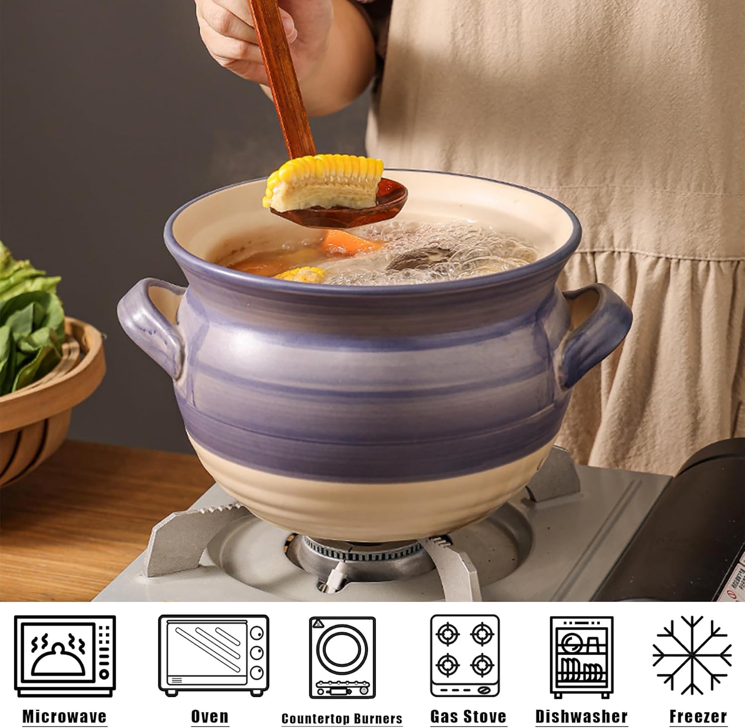 Ceramic Casserole Dish, Clay Pot, Earthen Pot Cookware with Lid, Stockpot for Stew, Soup, Steam, Oven Safe-Heat Resistant (FlowersPlants, 3.7QT)