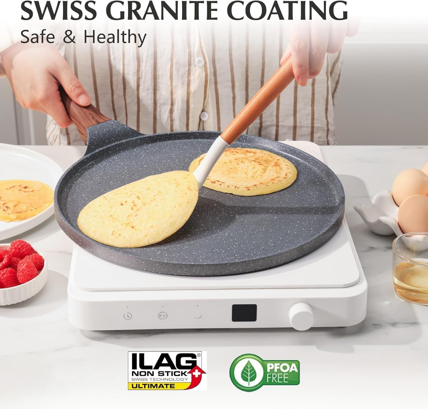 SENSARTE Nonstick Crepe Pan, Swiss Granite Coating Dosa Pan Pancake Flat Skillet Tawa Griddle 10-Inch with Stay-Cool Handle, Induction Compatible, PFOA Free