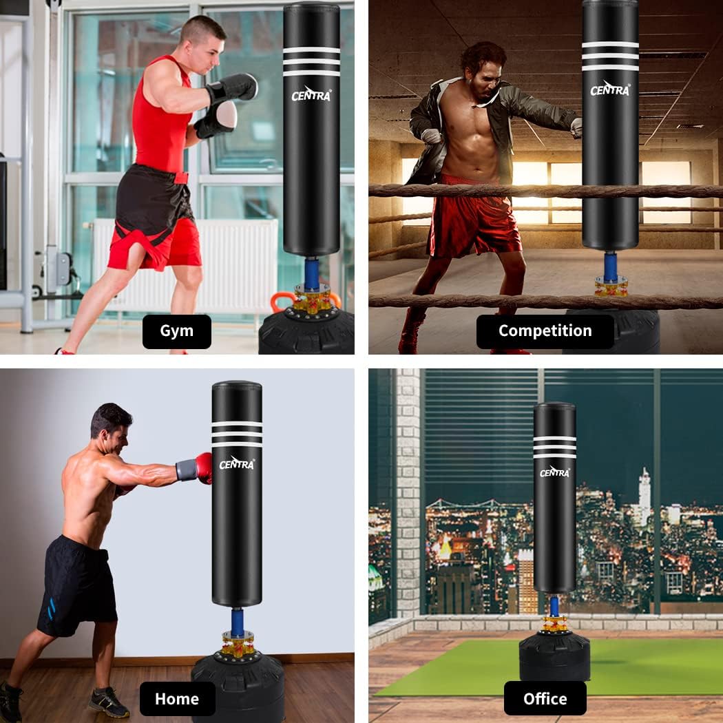 Centra Boxing Punching Bag Free Standing Speed Bag Kick Training 170cm/175cm, Strong Suction Cup Boxing Bag with Punching Kicking Zone, Freestanding Heavy Punching Bag for Home, Office, Gym, Black