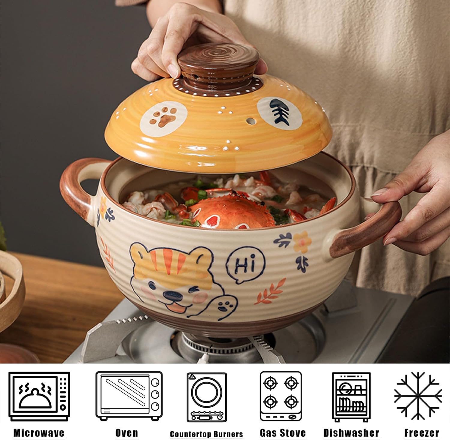 Ceramic Casserole Dish, Clay Pot, Earthen Pot Cookware with Lid, Stockpot for Stew, Soup, Steam, Oven Safe-Heat Resistant (FlowersPlants, 3.7QT)