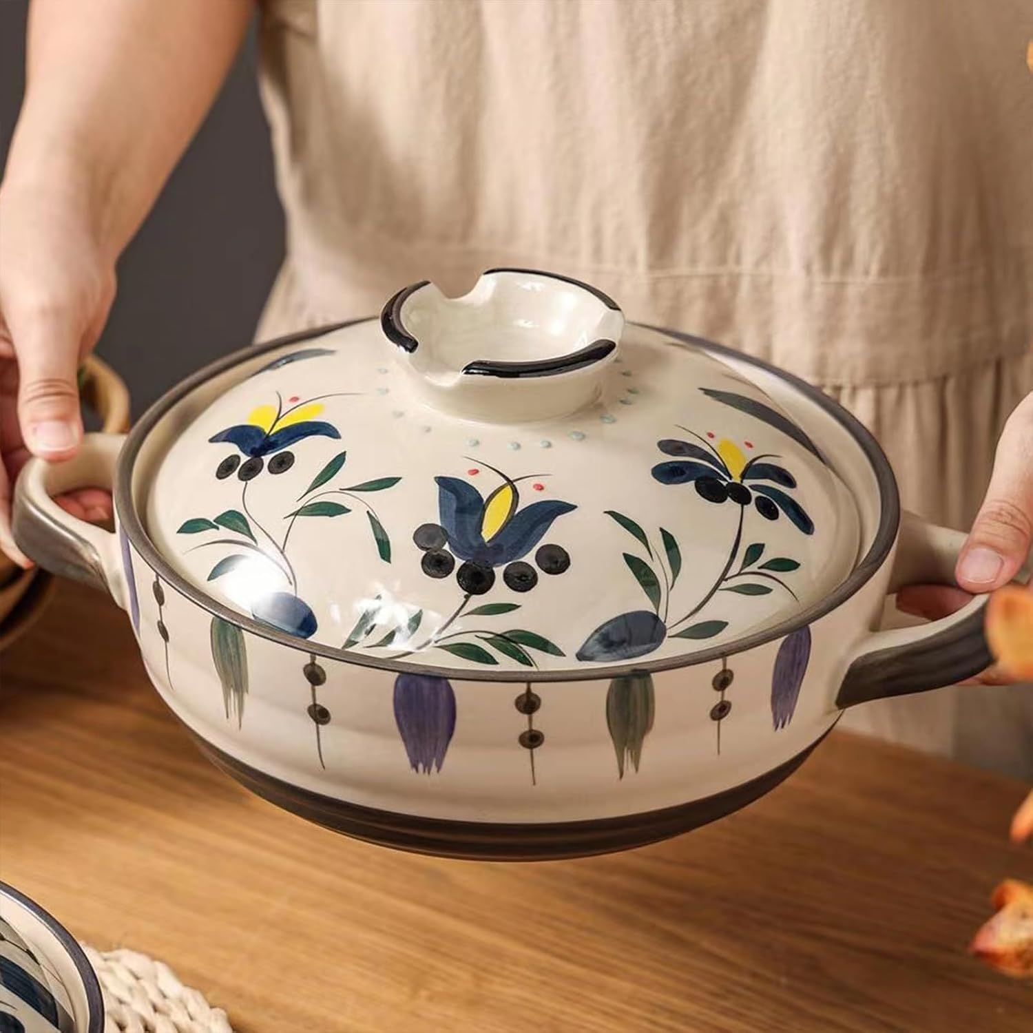 Ceramic Casserole Dish, Clay Pot, Earthen Pot Cookware with Lid, Stockpot for Stew, Soup, Steam, Oven Safe-Heat Resistant (FlowersPlants, 3.7QT)