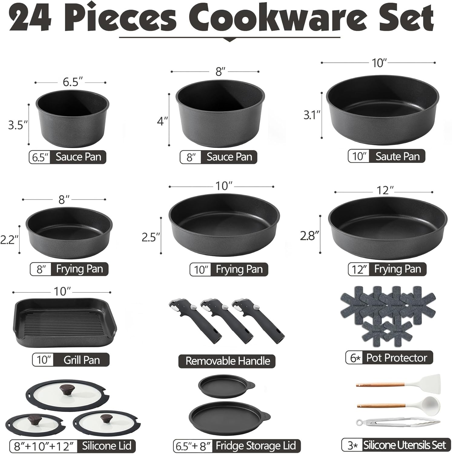SENSARTE 17 Piece Pots and Pans Set, Nonstick Detachable Handle Cookware, Induction Kitchen Cookware Set with Removable Handle, Healthy Non Stick RV Cookware, Dishwasher ＆ Oven Safe, (Black)