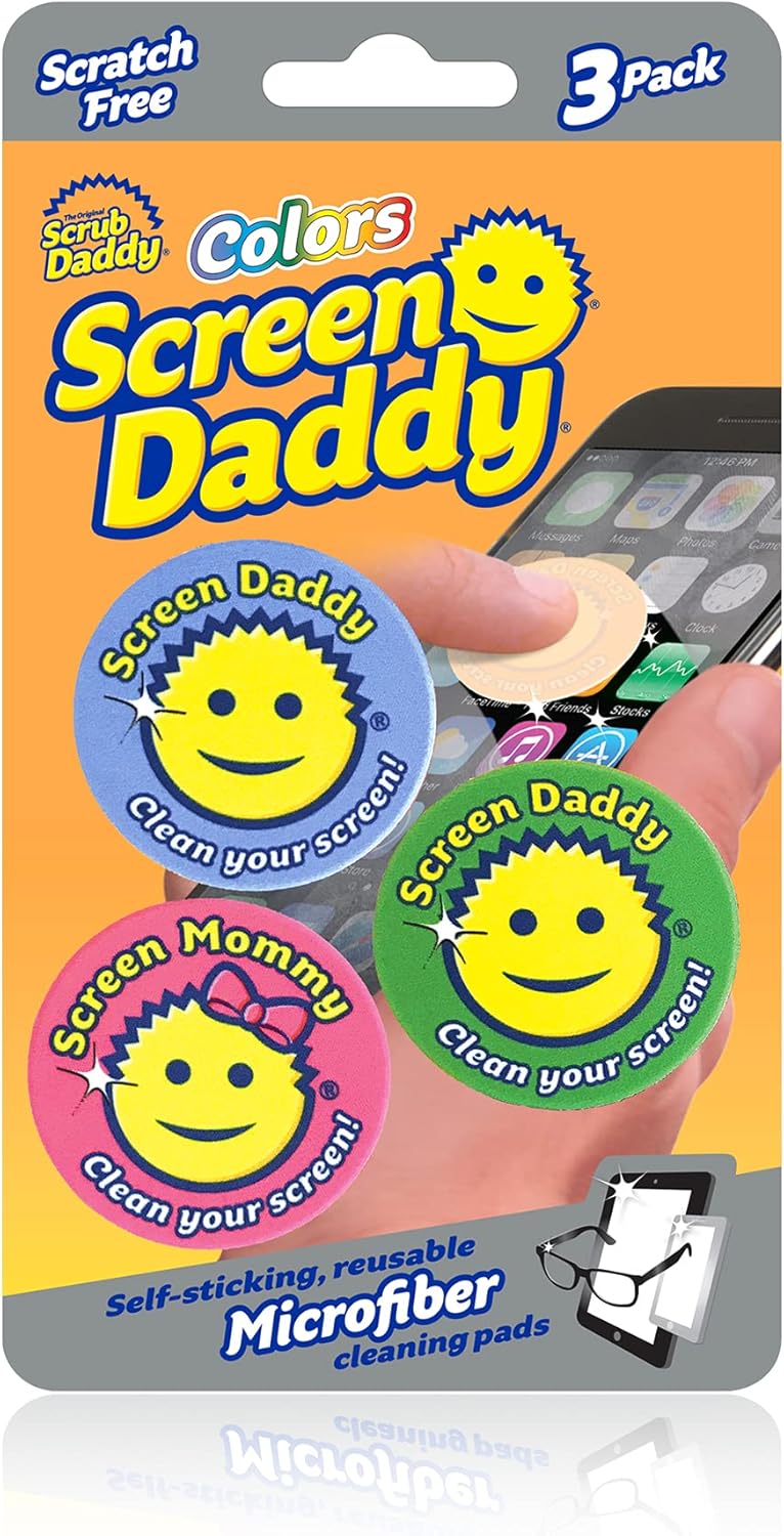 Screen Daddy Colors (3 Pack) - Microfiber Cleaning Pad for Phones, Tablet, Glasses - Sticky Gel Backing On Device Storage - Washable and Reusable