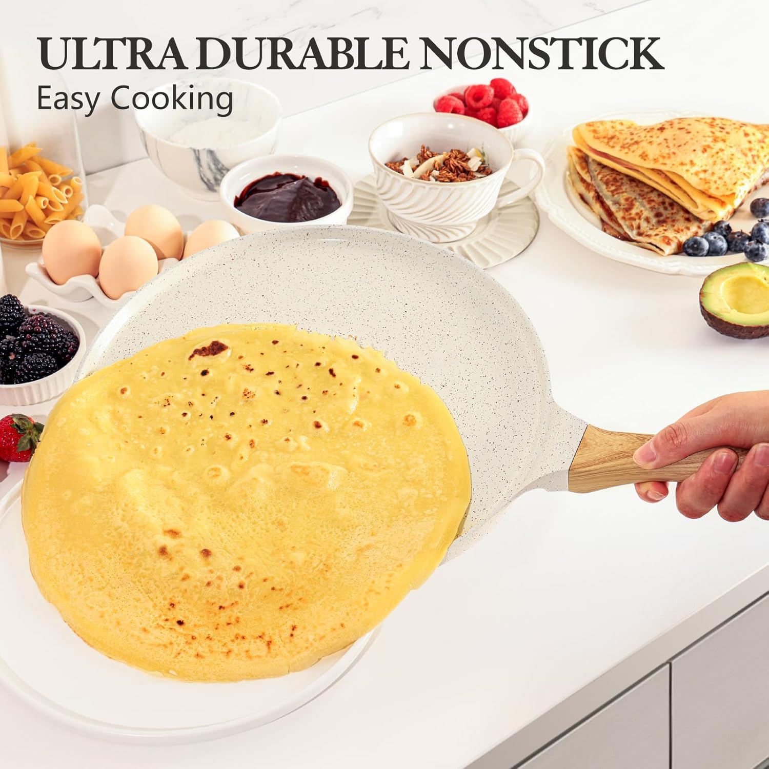 SENSARTE Nonstick Crepe Pan, Swiss Granite Coating Dosa Pan Pancake Flat Skillet Tawa Griddle 10-Inch with Stay-Cool Handle, Induction Compatible, PFOA Free