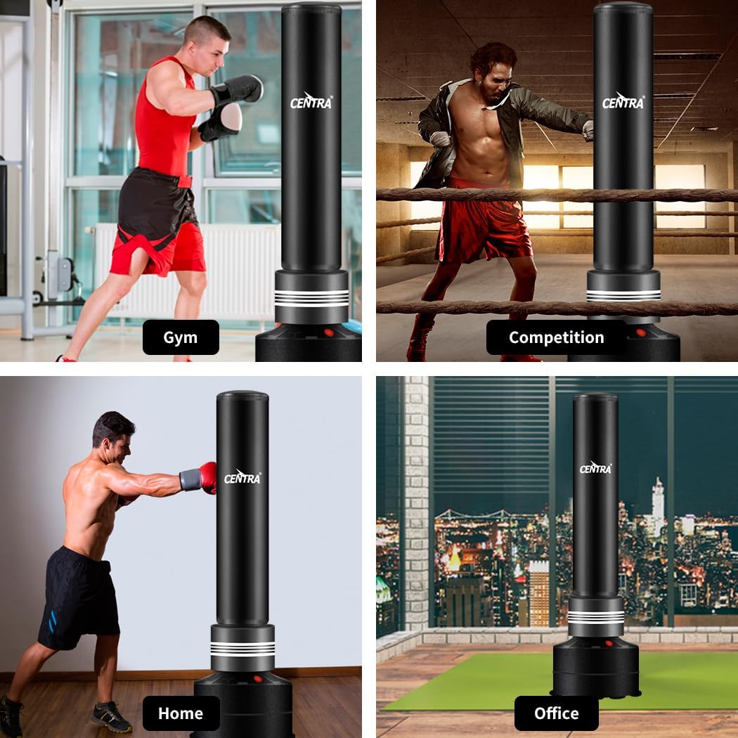 Centra Boxing Punching Bag Free Standing Speed Bag Kick Training 170cm/175cm, Strong Suction Cup Boxing Bag with Punching Kicking Zone, Freestanding Heavy Punching Bag for Home, Office, Gym, Black