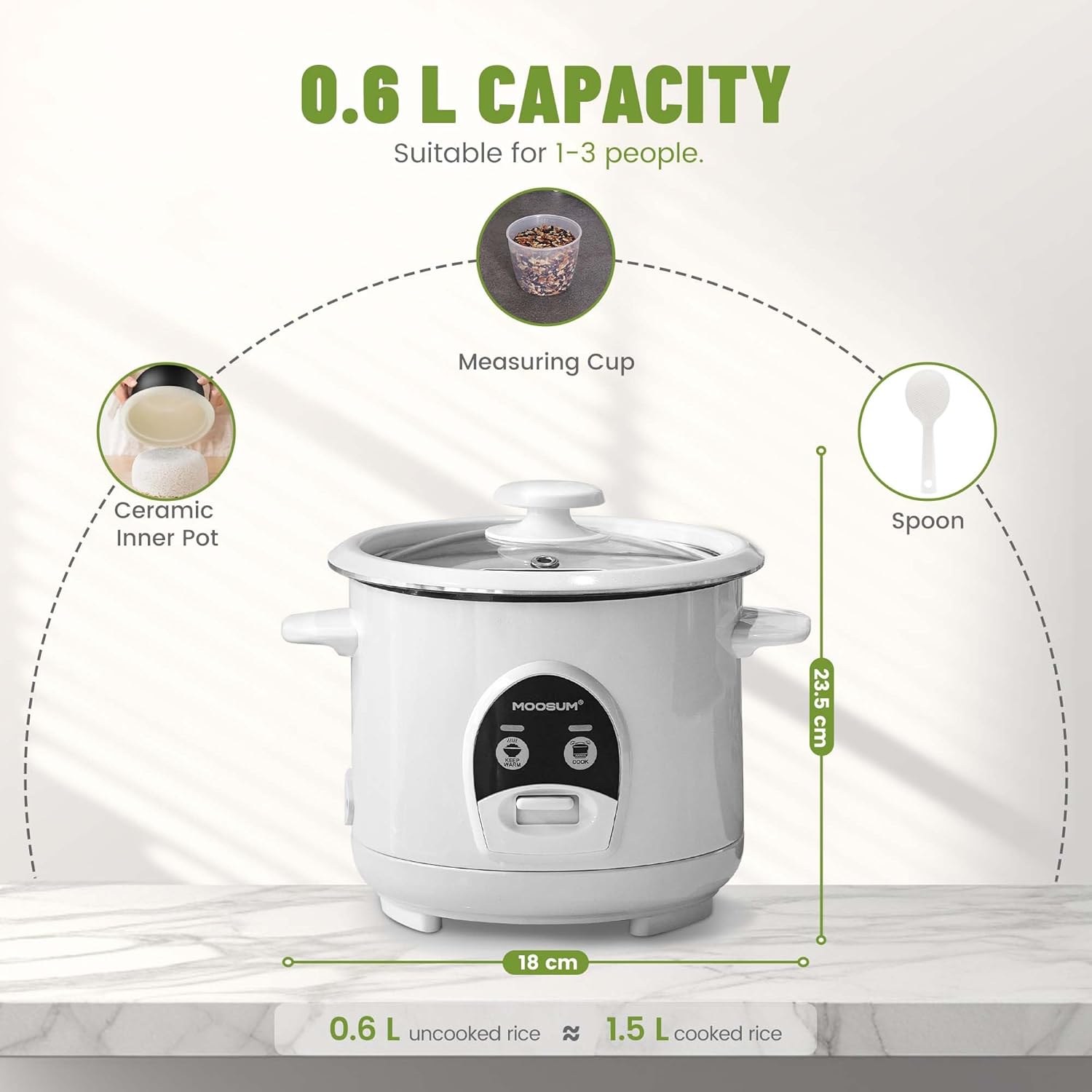 Rice Cooker with One Touch,0.6L-3 cup,For 1-3 People,Fast Cooking Without Burning,Removable Non-Stick Coating incl,Keep-Warm 24h