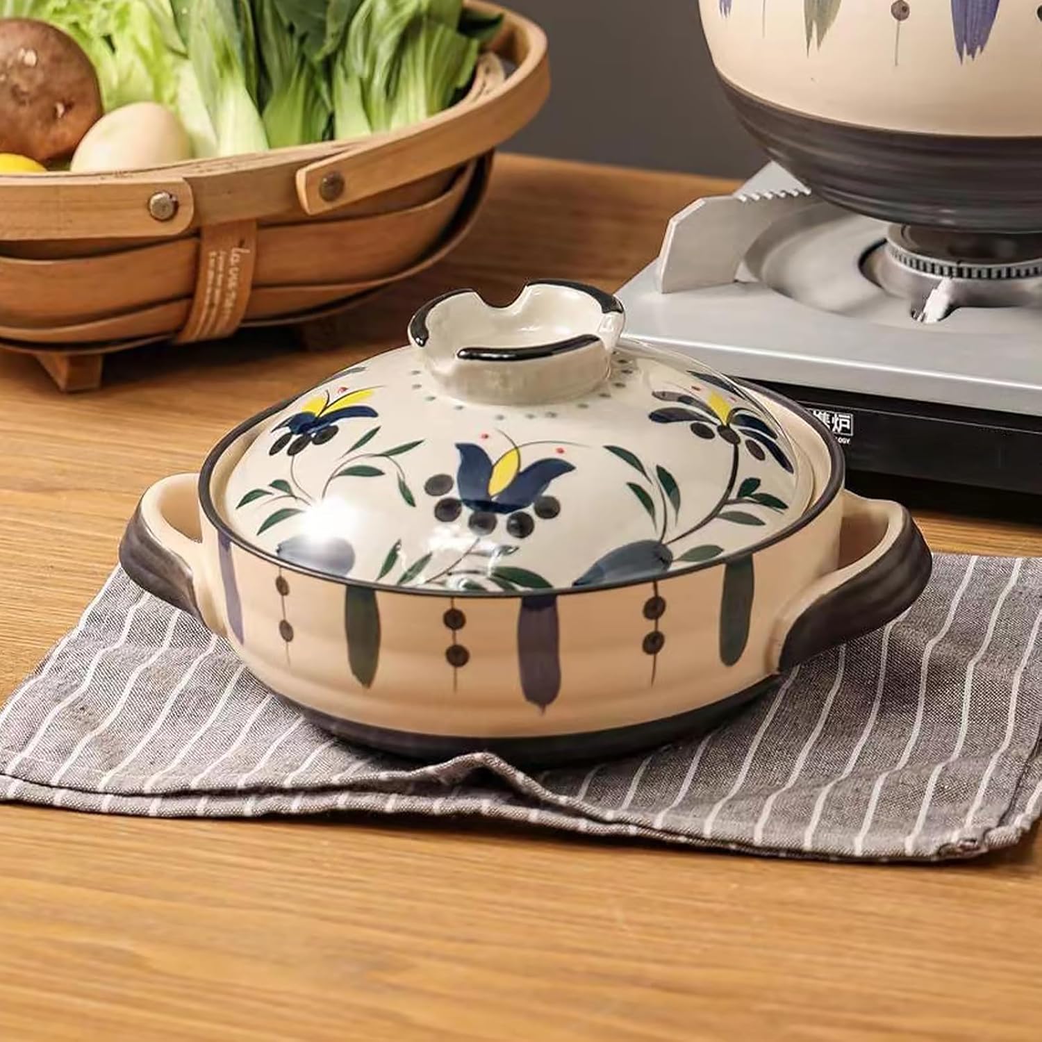 Ceramic Casserole Dish, Clay Pot, Earthen Pot Cookware with Lid, Stockpot for Stew, Soup, Steam, Oven Safe-Heat Resistant (FlowersPlants, 3.7QT)