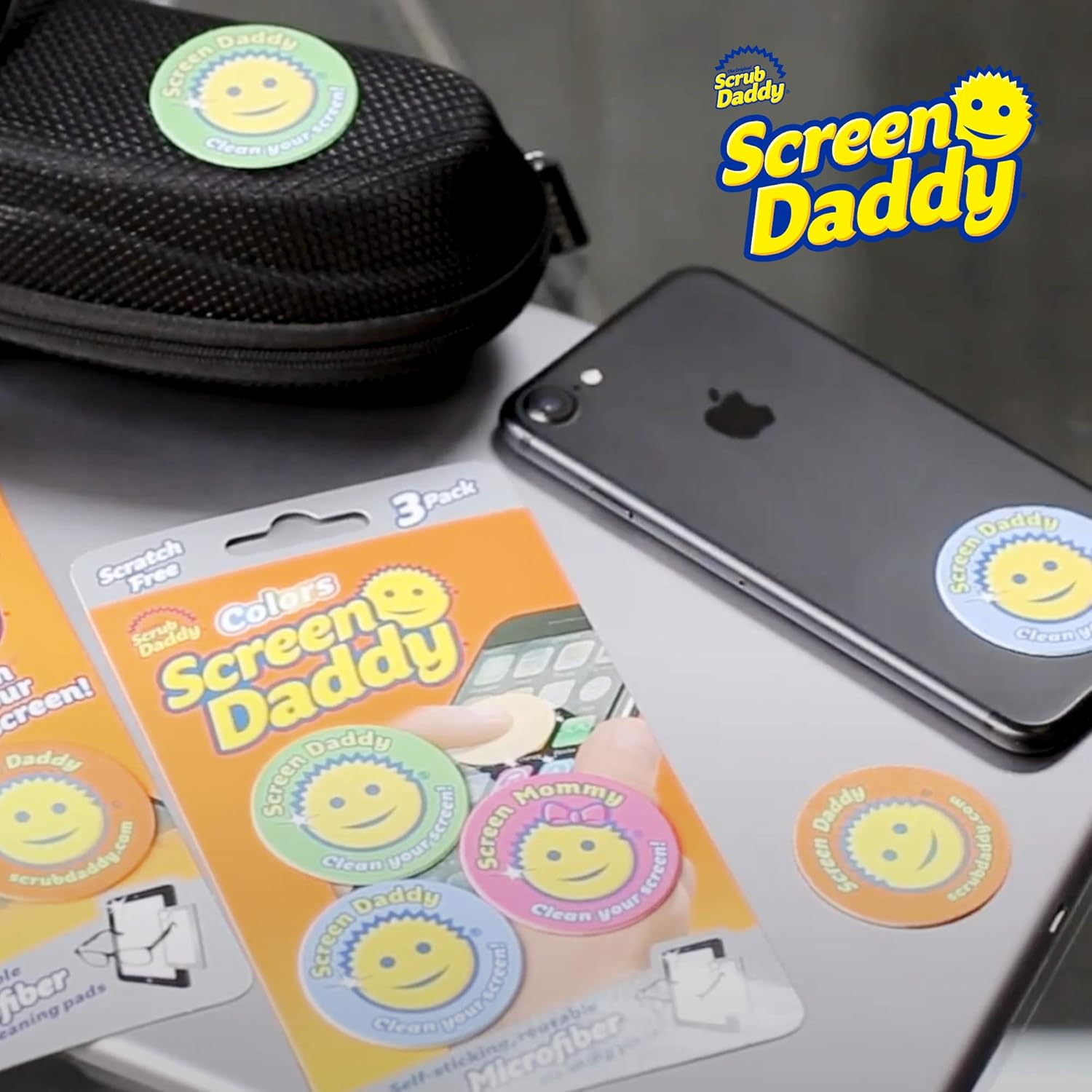 Screen Daddy Colors (3 Pack) - Microfiber Cleaning Pad for Phones, Tablet, Glasses - Sticky Gel Backing On Device Storage - Washable and Reusable