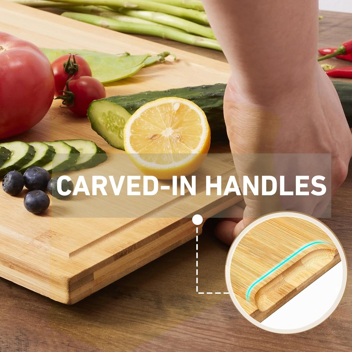 OKUYOSHI Wooden Chopping Board Set of 3, 1.5cm Thickness Bamboo Cutting Boards, Mats & Sets with Holder