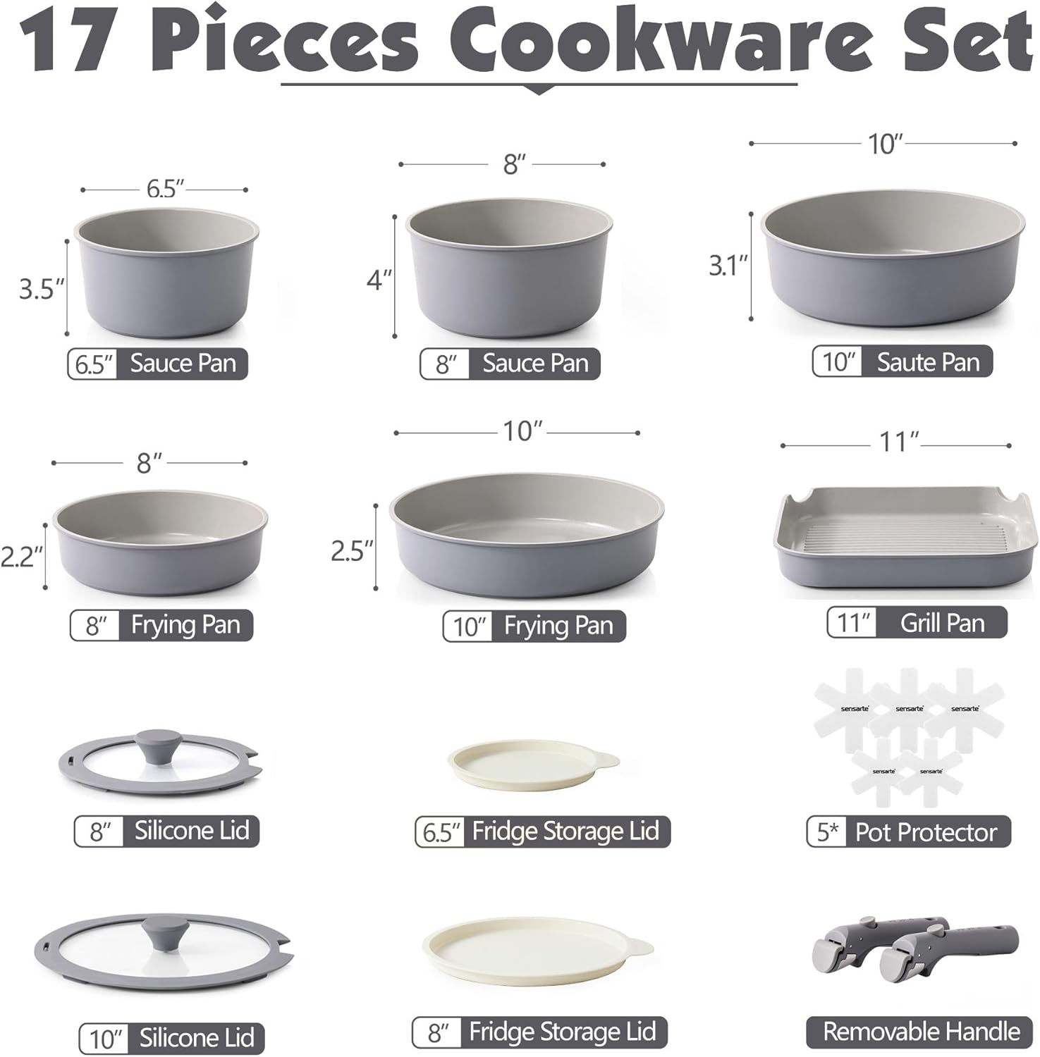SENSARTE 17 Piece Pots and Pans Set, Nonstick Detachable Handle Cookware, Induction Kitchen Cookware Set with Removable Handle, Healthy Non Stick RV Cookware, Dishwasher ＆ Oven Safe, (Black)