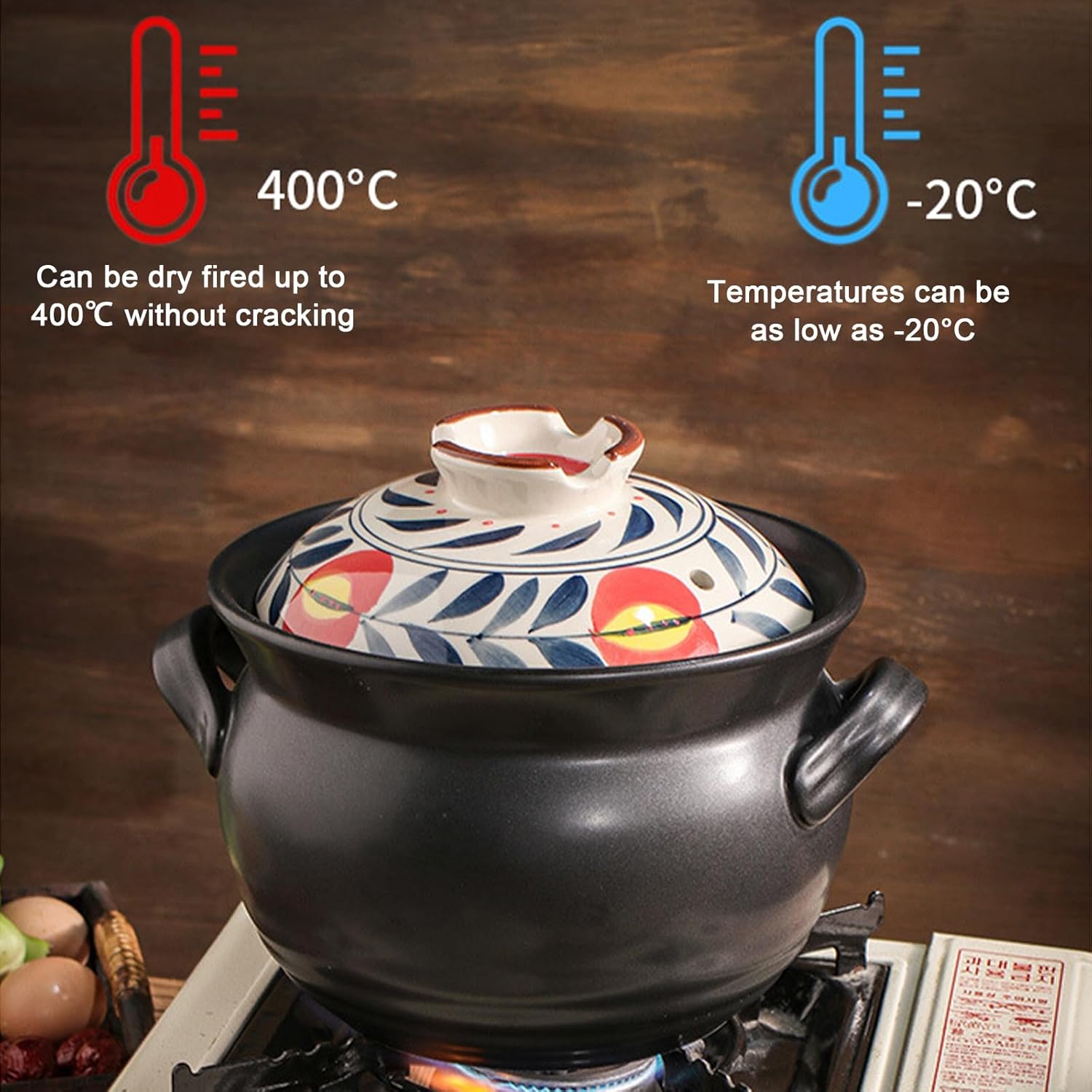 Ceramic Casserole Dish, Clay Pot, Earthen Pot Cookware with Lid, Stockpot for Stew, Soup, Steam, Oven Safe-Heat Resistant (FlowersPlants, 3.7QT)