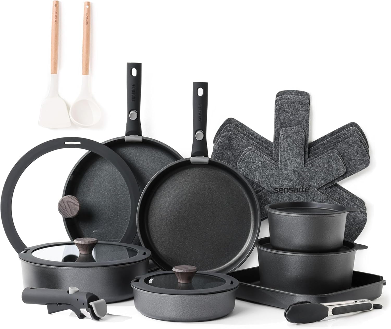 SENSARTE 17 Piece Pots and Pans Set, Nonstick Detachable Handle Cookware, Induction Kitchen Cookware Set with Removable Handle, Healthy Non Stick RV Cookware, Dishwasher ＆ Oven Safe, (Black)