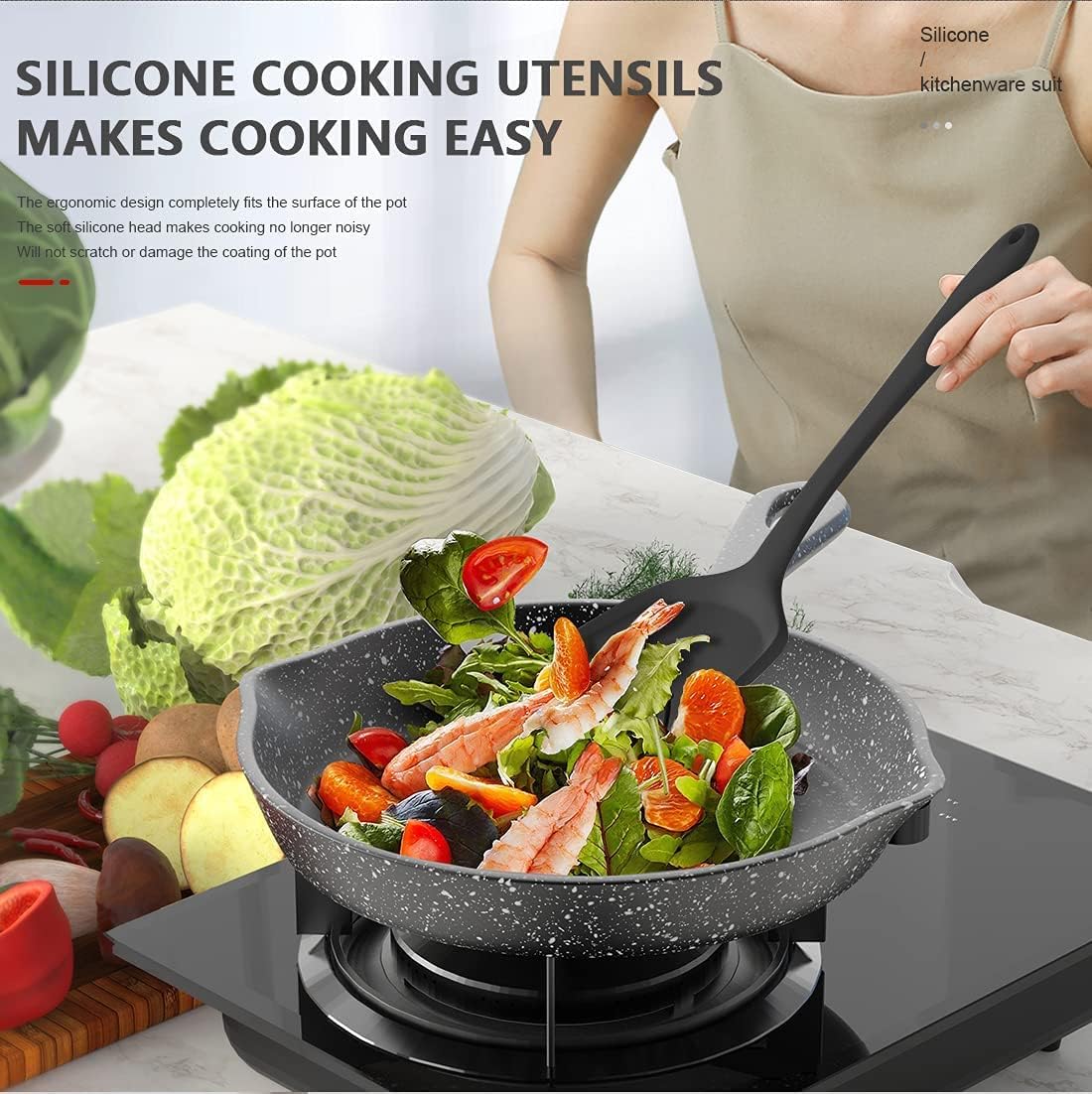 Dishwasher Safe Silicone Cooking Utensils Set - 446°F Heat Resistant Basic Silicone Kitchen Utensils,Turner Tongs, Spatula, Spoon, Brush, Whisk, Gadgets Tools for Nonstick Cookware (BPA Free - Khaki)