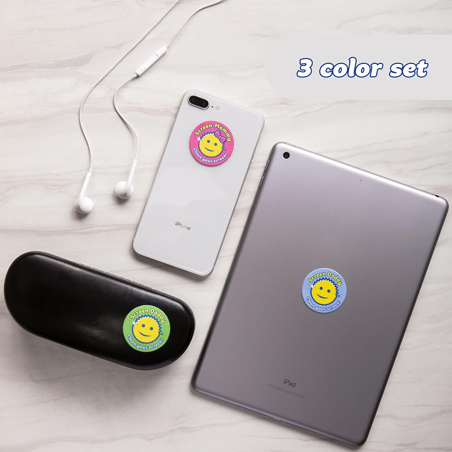 Screen Daddy Colors (3 Pack) - Microfiber Cleaning Pad for Phones, Tablet, Glasses - Sticky Gel Backing On Device Storage - Washable and Reusable