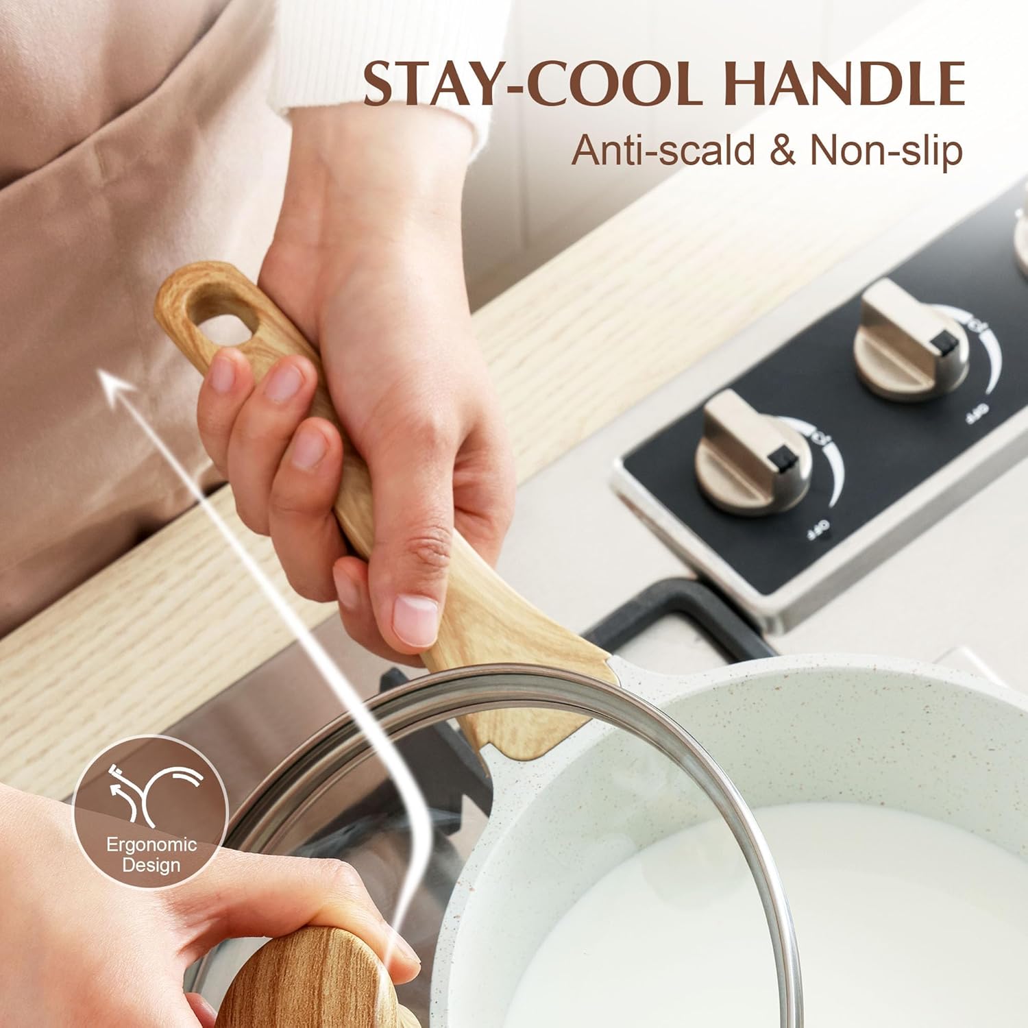SENSARTE White Ceramic Nonstick Saucepan with Double Spout 22cm, Medium Cooking Pot with Stay Cool Handle, Induction Compatible Saucepot with Lid, White Granite Coating, PTFE/PFOA/PFAS Free