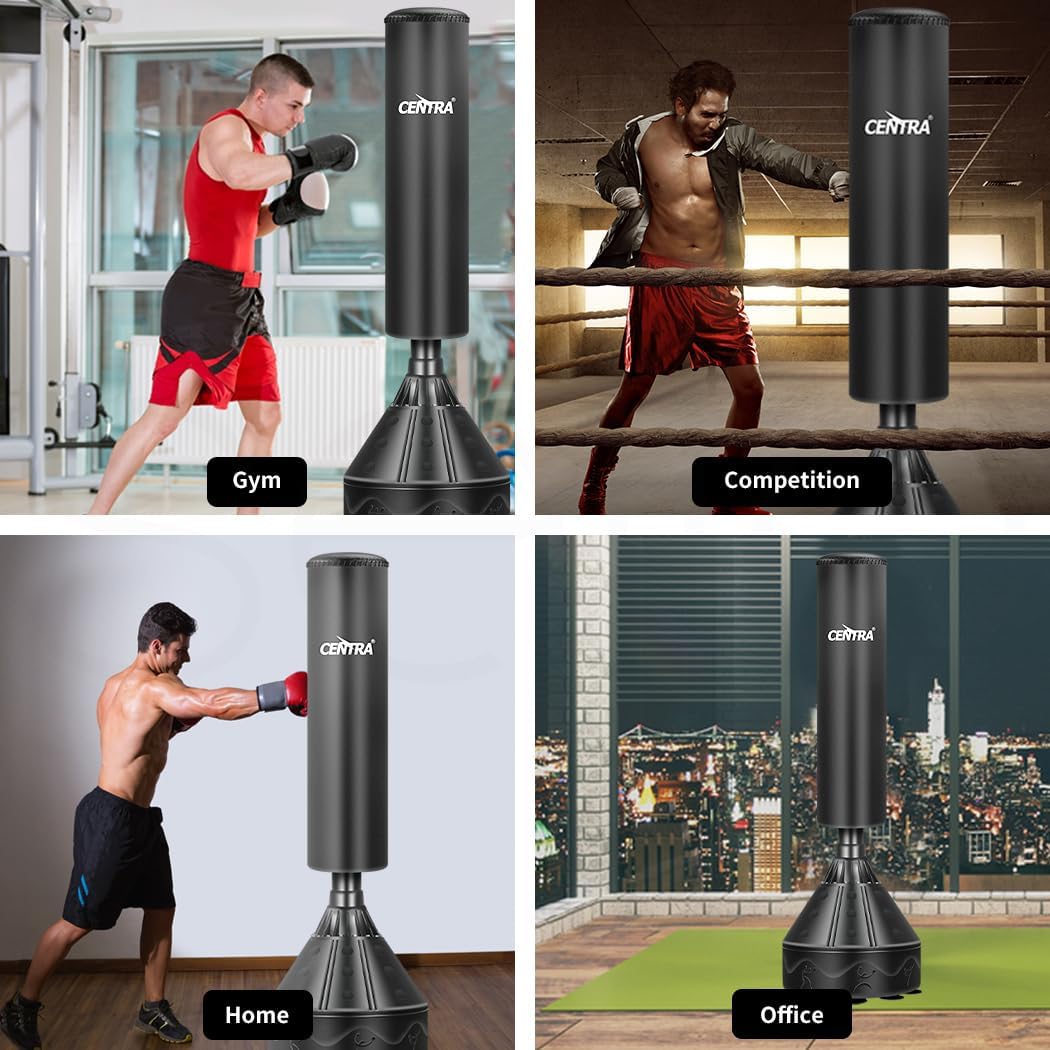 Centra Boxing Punching Bag Free Standing Speed Bag Kick Training 170cm/175cm, Strong Suction Cup Boxing Bag with Punching Kicking Zone, Freestanding Heavy Punching Bag for Home, Office, Gym, Black