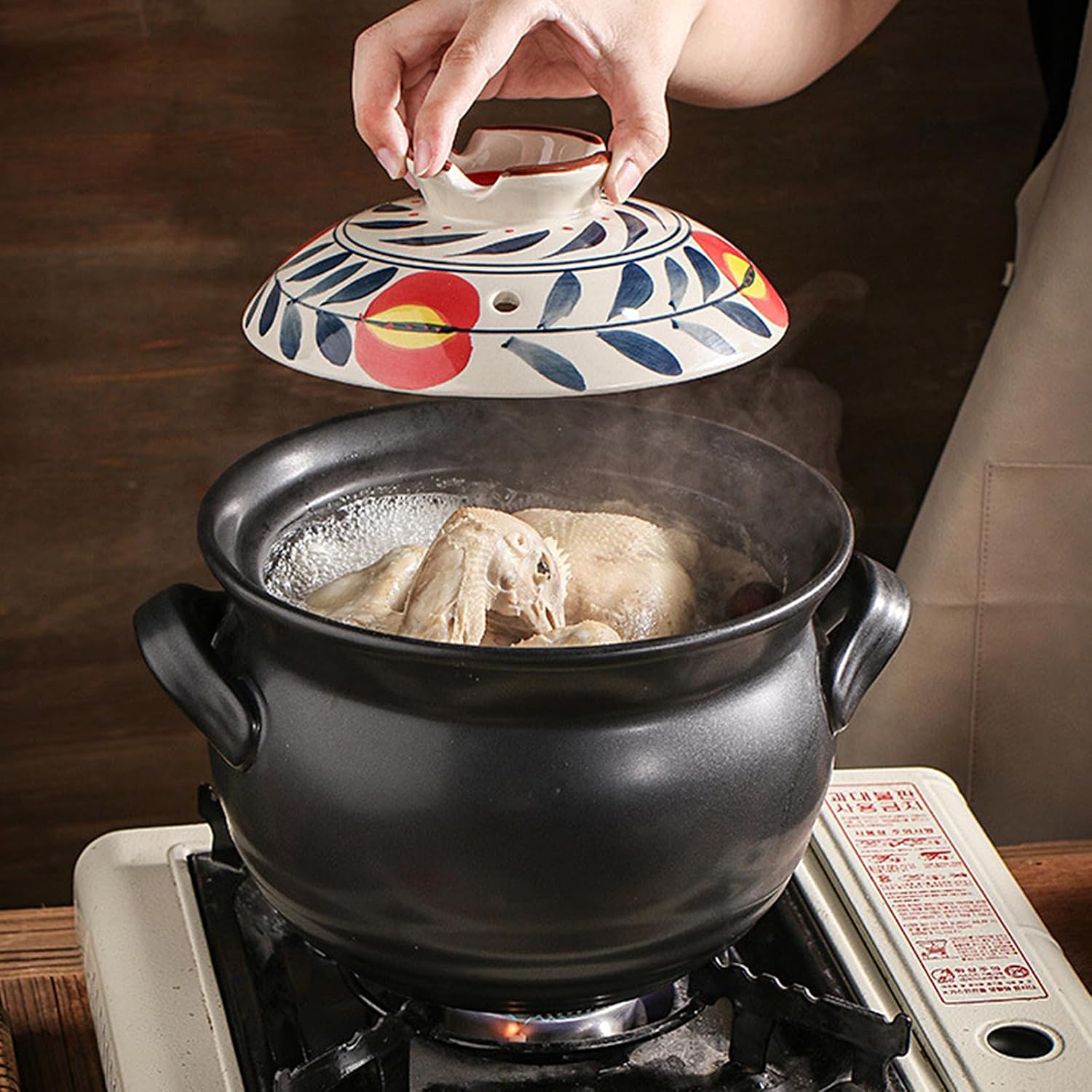 Ceramic Casserole Dish, Clay Pot, Earthen Pot Cookware with Lid, Stockpot for Stew, Soup, Steam, Oven Safe-Heat Resistant (FlowersPlants, 3.7QT)