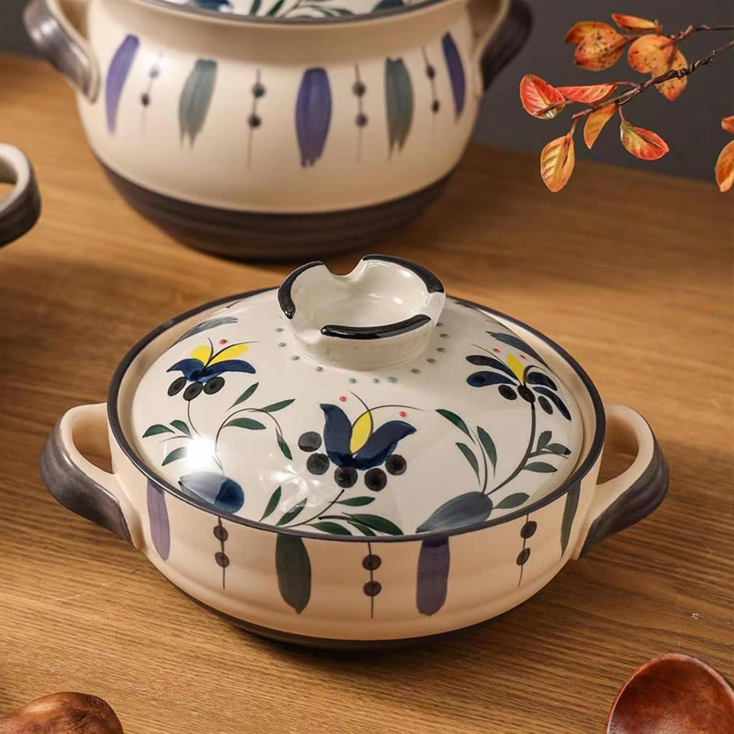 Ceramic Casserole Dish, Clay Pot, Earthen Pot Cookware with Lid, Stockpot for Stew, Soup, Steam, Oven Safe-Heat Resistant (FlowersPlants, 3.7QT)