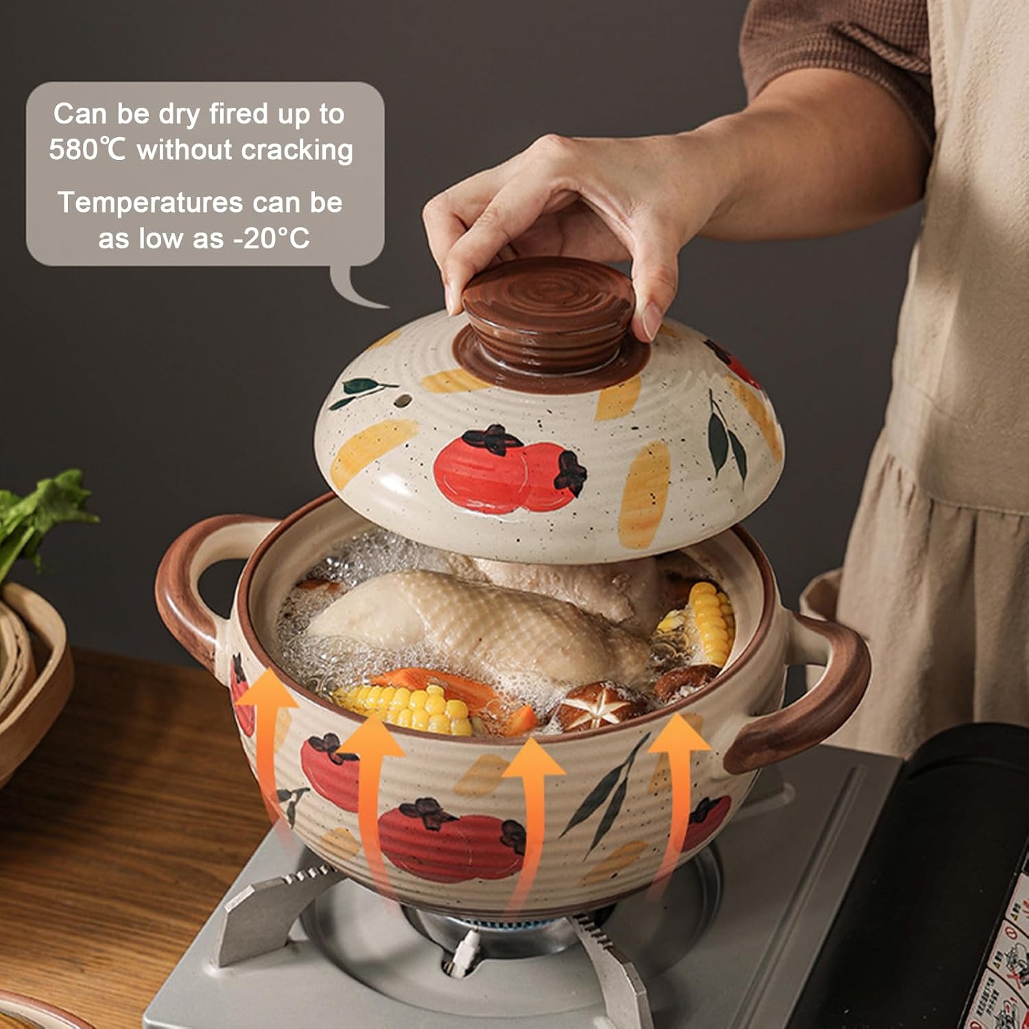 Ceramic Casserole Dish, Clay Pot, Earthen Pot Cookware with Lid, Stockpot for Stew, Soup, Steam, Oven Safe-Heat Resistant (FlowersPlants, 3.7QT)