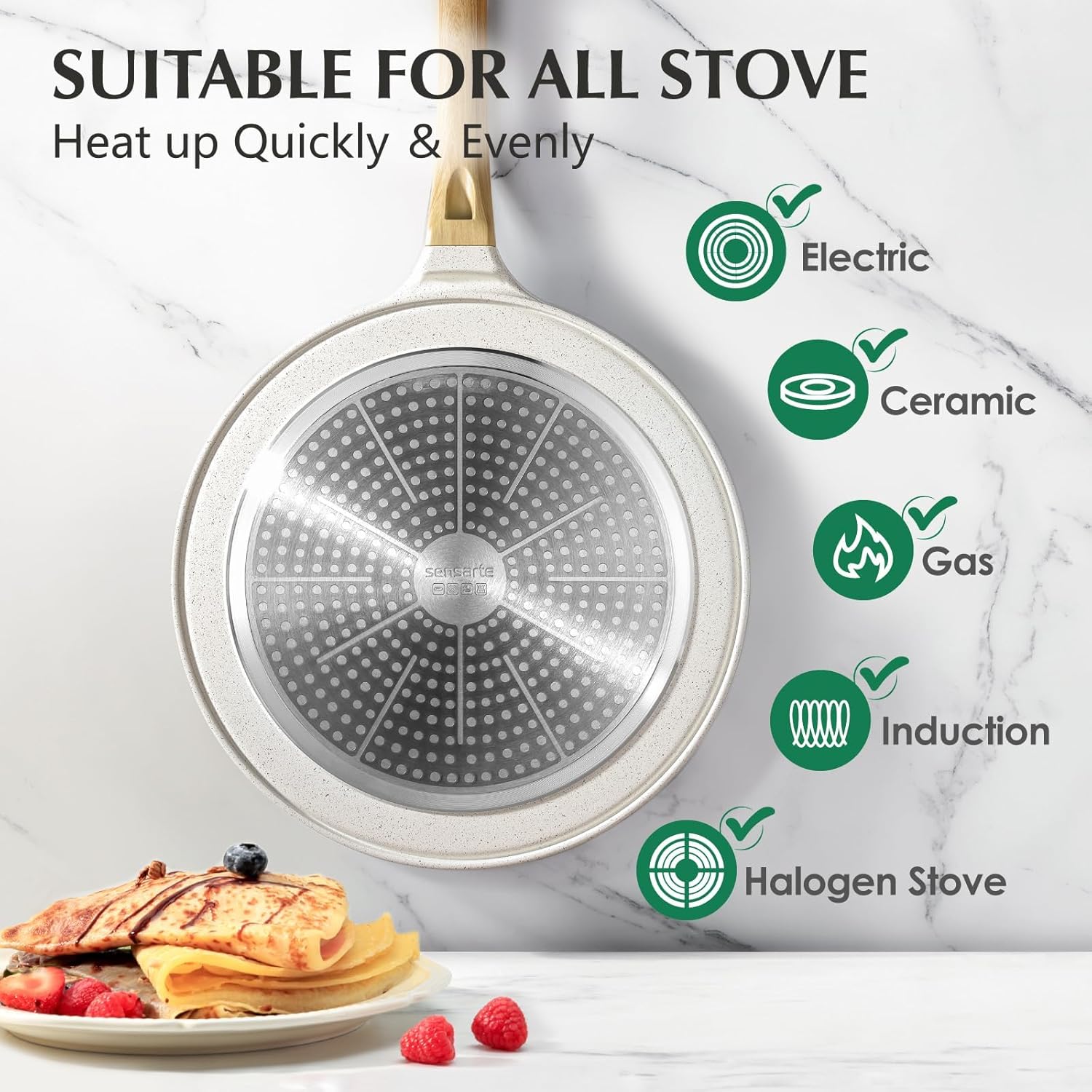 SENSARTE Nonstick Crepe Pan, Swiss Granite Coating Dosa Pan Pancake Flat Skillet Tawa Griddle 10-Inch with Stay-Cool Handle, Induction Compatible, PFOA Free