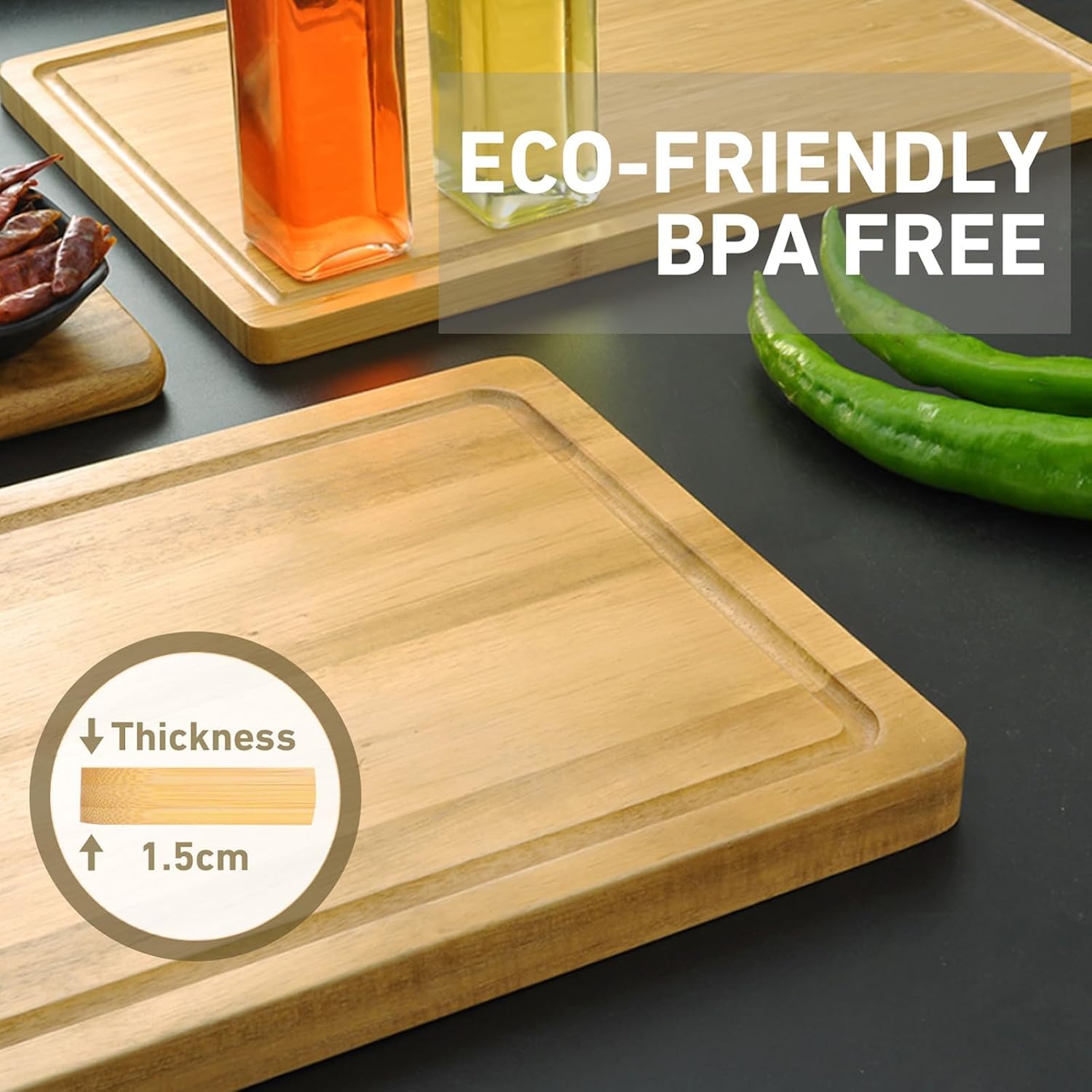 OKUYOSHI Wooden Chopping Board Set of 3, 1.5cm Thickness Bamboo Cutting Boards, Mats & Sets with Holder