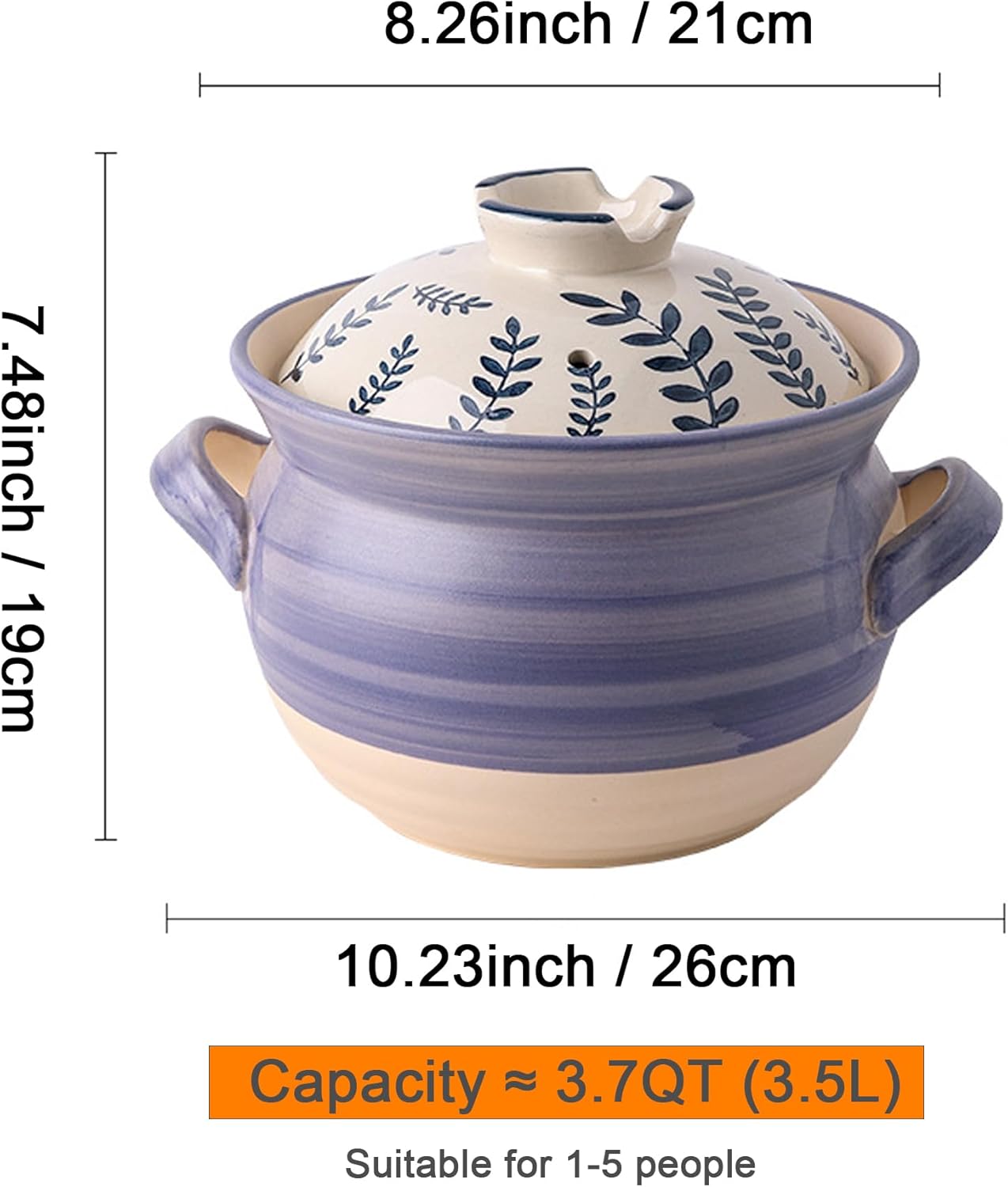 Ceramic Casserole Dish, Clay Pot, Earthen Pot Cookware with Lid, Stockpot for Stew, Soup, Steam, Oven Safe-Heat Resistant (FlowersPlants, 3.7QT)