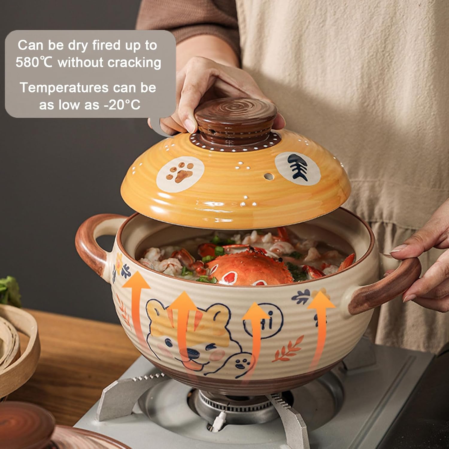 Ceramic Casserole Dish, Clay Pot, Earthen Pot Cookware with Lid, Stockpot for Stew, Soup, Steam, Oven Safe-Heat Resistant (FlowersPlants, 3.7QT)