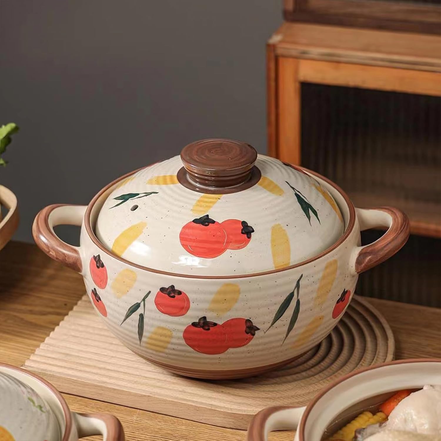 Ceramic Casserole Dish, Clay Pot, Earthen Pot Cookware with Lid, Stockpot for Stew, Soup, Steam, Oven Safe-Heat Resistant (FlowersPlants, 3.7QT)