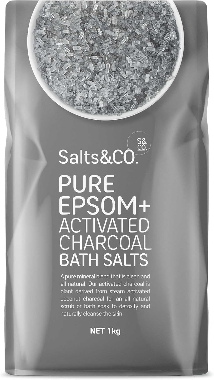 Salts & Co. Pure Epsom & Activated Charcoal Bath Salts 1kg | Unscented Magnesium Sulphate Soaking Salts for Bath & Foot Soaks, Home Spa & Self-Care Rituals