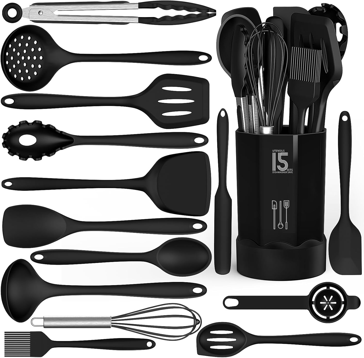 Dishwasher Safe Silicone Cooking Utensils Set - 446°F Heat Resistant Basic Silicone Kitchen Utensils,Turner Tongs, Spatula, Spoon, Brush, Whisk, Gadgets Tools for Nonstick Cookware (BPA Free - Khaki)