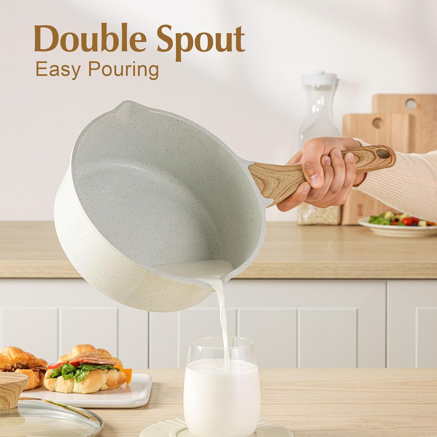 SENSARTE White Ceramic Nonstick Saucepan with Double Spout 22cm, Medium Cooking Pot with Stay Cool Handle, Induction Compatible Saucepot with Lid, White Granite Coating, PTFE/PFOA/PFAS Free